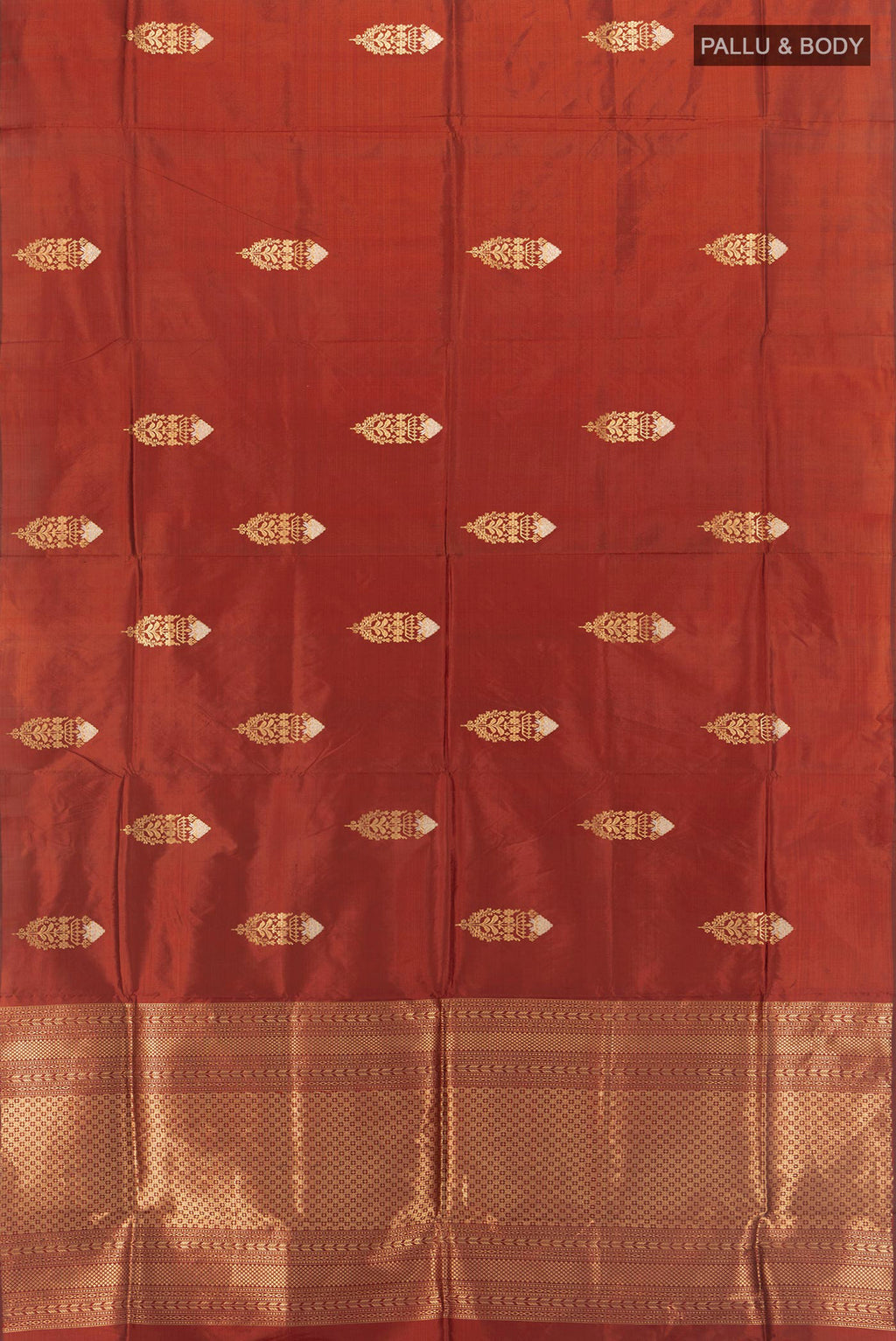 Flat view of Pure Silk Rust Banarasi Katan Saree with Zari Butta on the body and Without Border. 