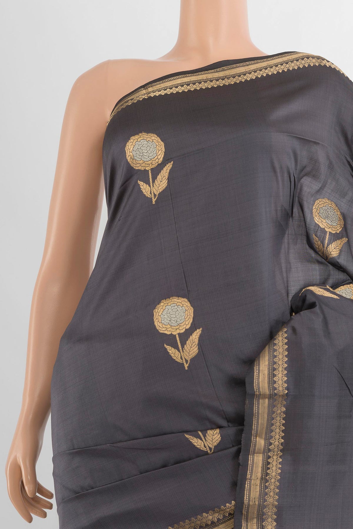 Border image of Pure Silk Davys Grey Banarasi Katan Saree with Zari Butta on the body and Silk Border. 
