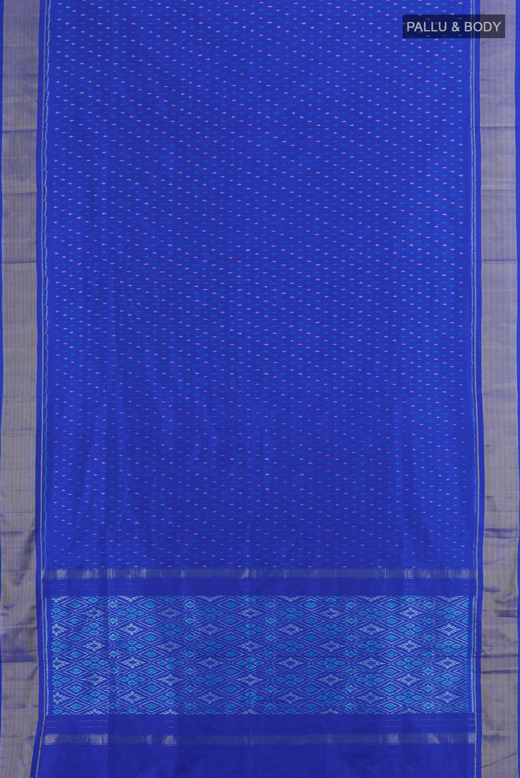 Flat view of Pure Silk Multi Color Pochampally Saree with Ikat Print on the body and Silk Border. 