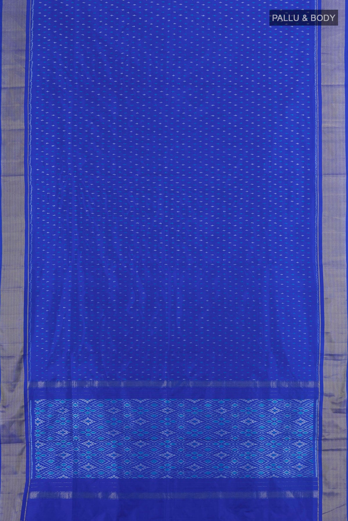 Flat view of Pure Silk Multi Color Pochampally Saree with Ikat Print on the body and Silk Border. 