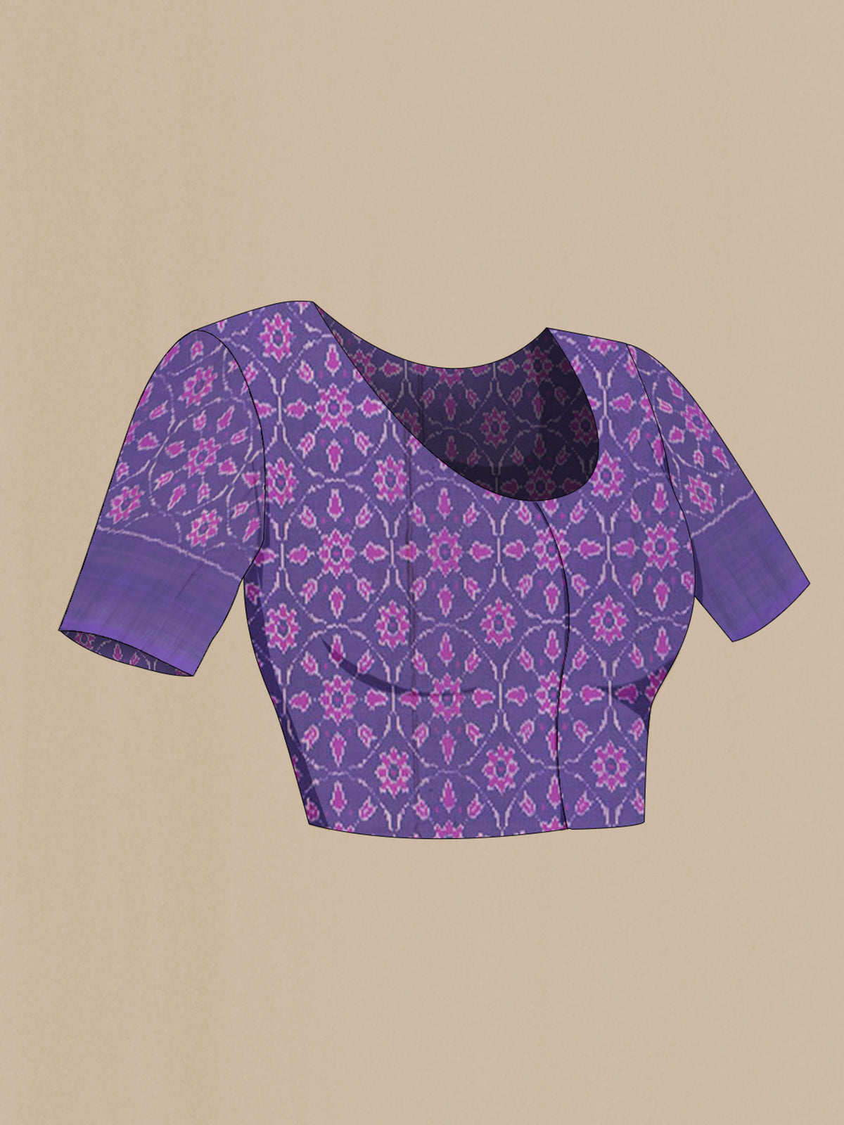 Close up image of the blouse of Pure Silk Lavender Pochampally Saree with Plain Body and Ikat Border. 