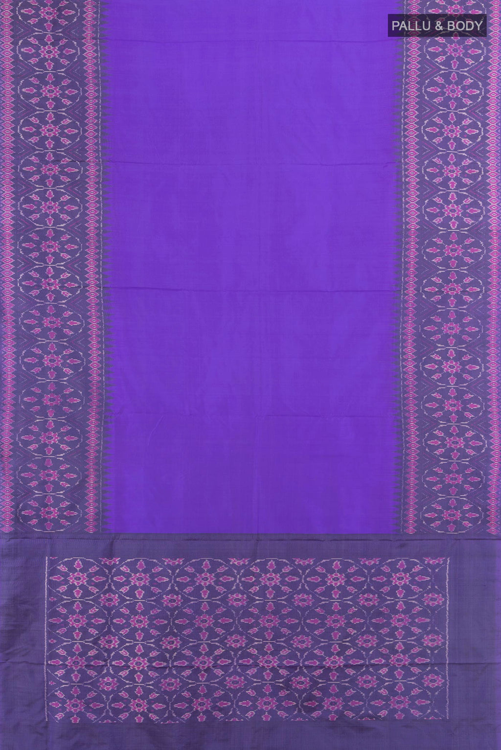 Flat view of Pure Silk Lavender Pochampally Saree with Plain Body and Ikat Border. 