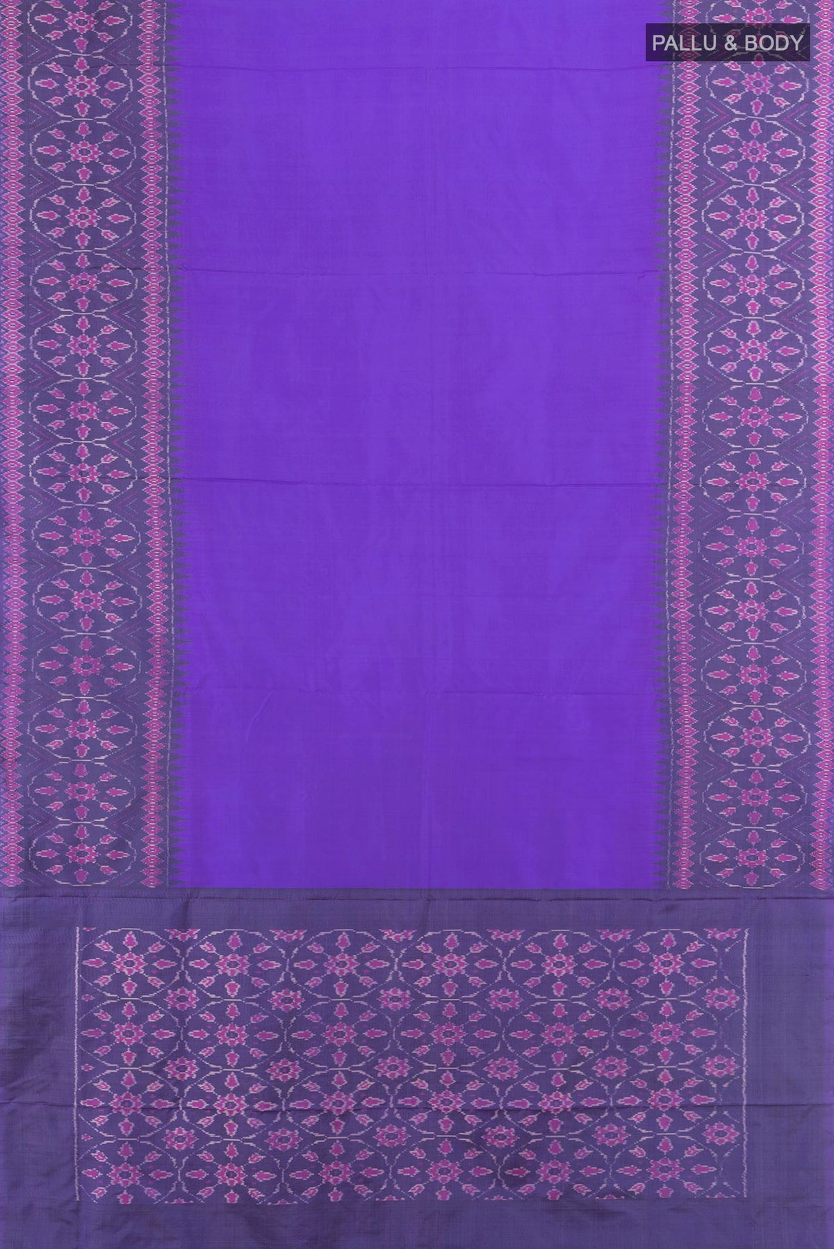 Flat view of Pure Silk Lavender Pochampally Saree with Plain Body and Ikat Border. 