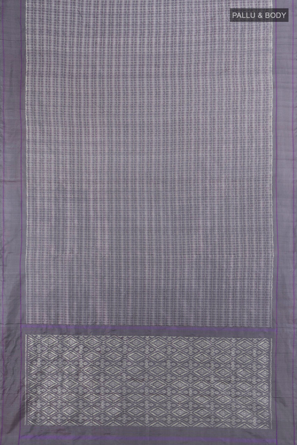 Flat view of Pure Silk Grey Pochampally Saree with Pure Ikat on the body and Plain Border. 