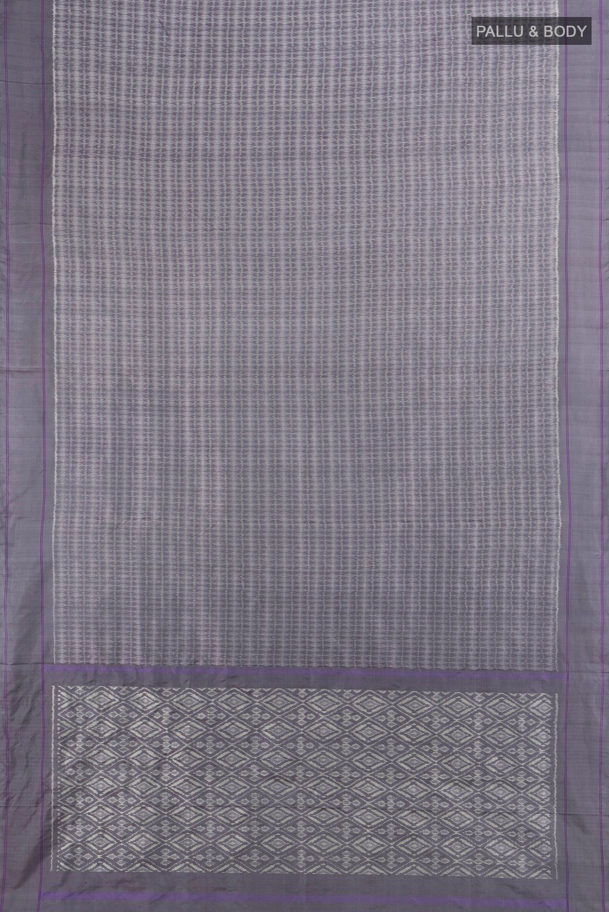 Flat view of Pure Silk Grey Pochampally Saree with Pure Ikat on the body and Plain Border. 