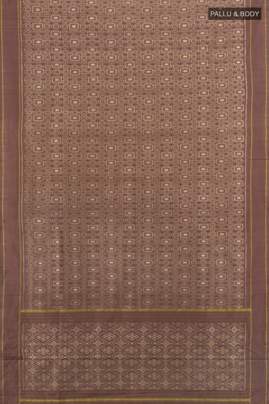 Flat view of Pure Silk Brown Pochampally Saree with Pure Ikat on the body and Plain Border. 