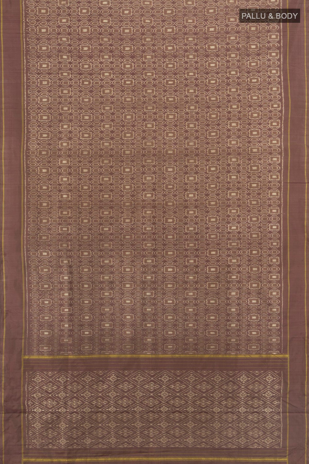 Flat view of Pure Silk Brown Pochampally Saree with Pure Ikat on the body and Plain Border. 