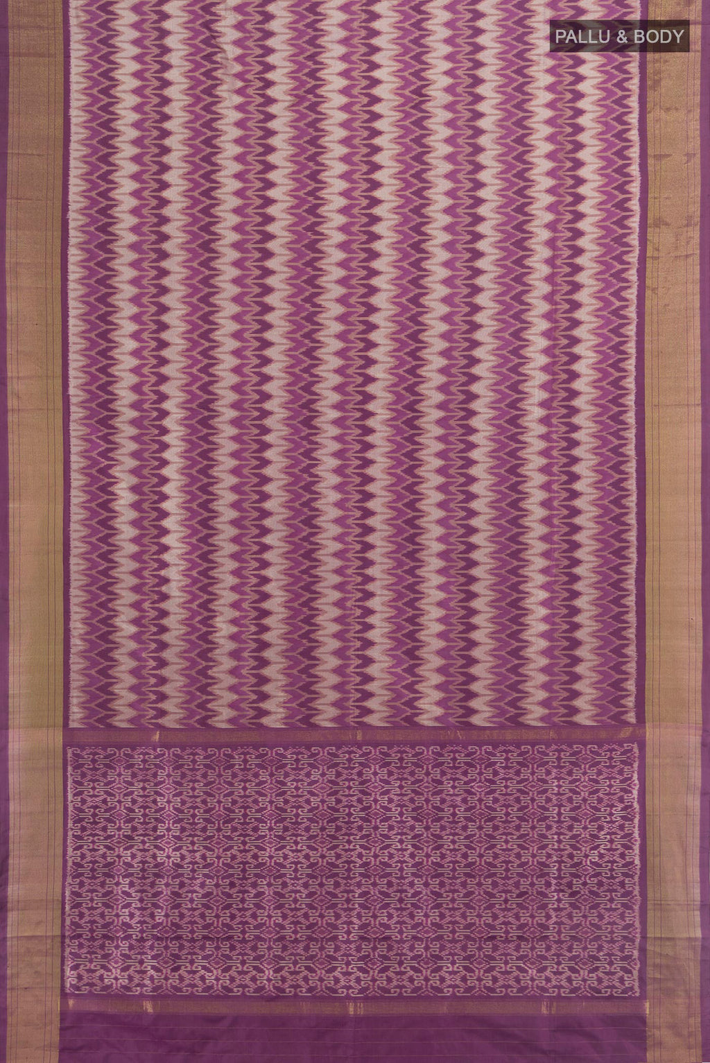 Flat view of Pure Silk Lavender Pochampally Saree with Pure Ikat on the body and Zari Border. 