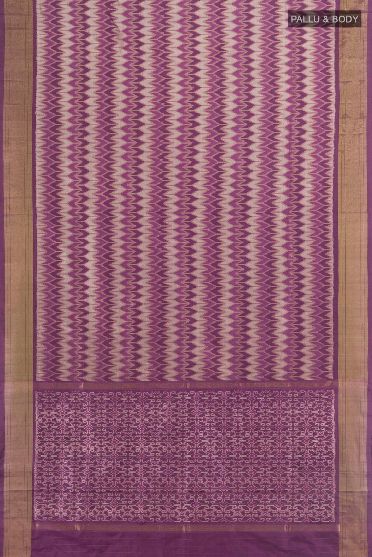 Flat view of Pure Silk Lavender Pochampally Saree with Pure Ikat on the body and Zari Border. 