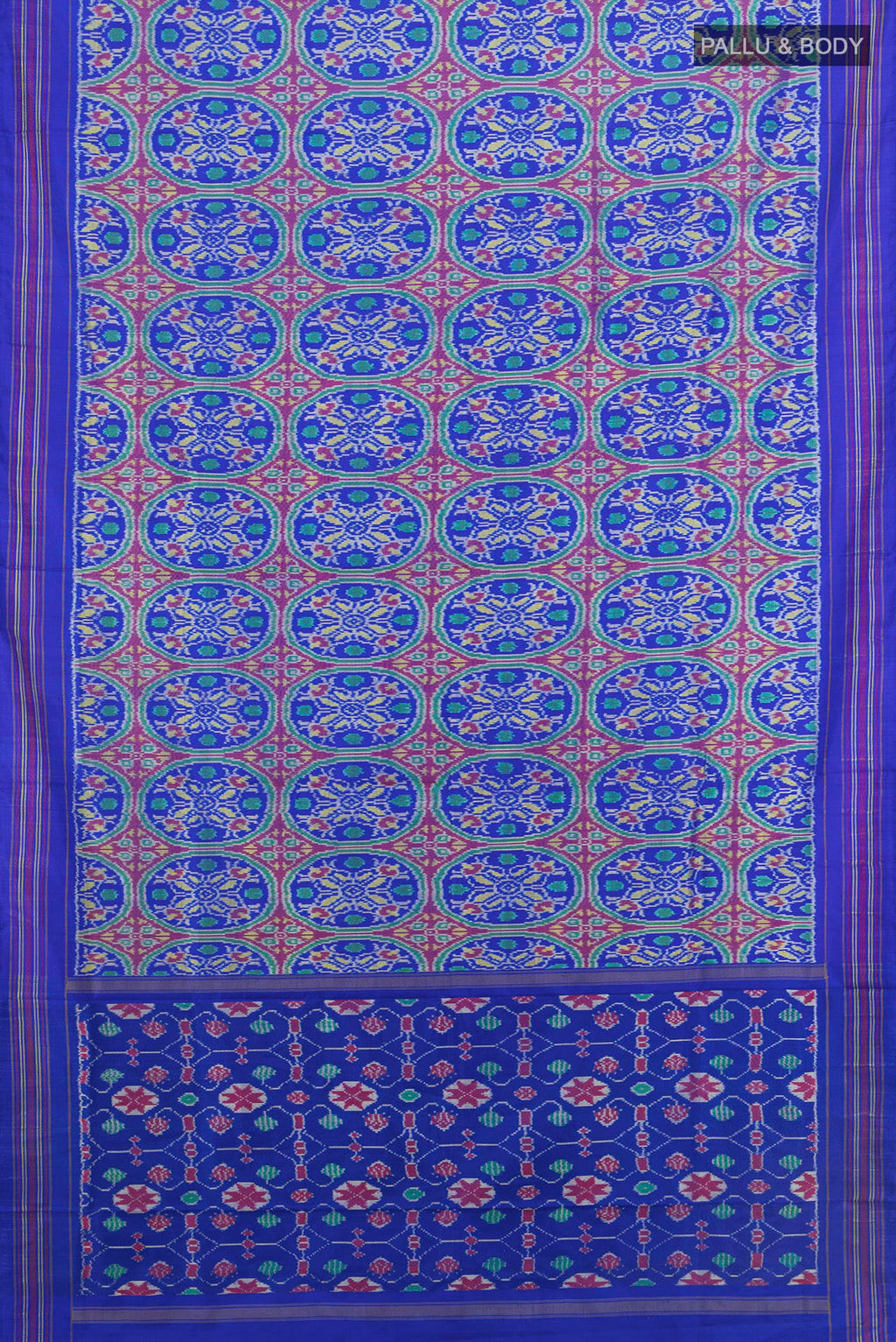 Flat view of Pure Silk Royal Blue Pochampally Saree with Pure Ikat on the body and Plain Border. 