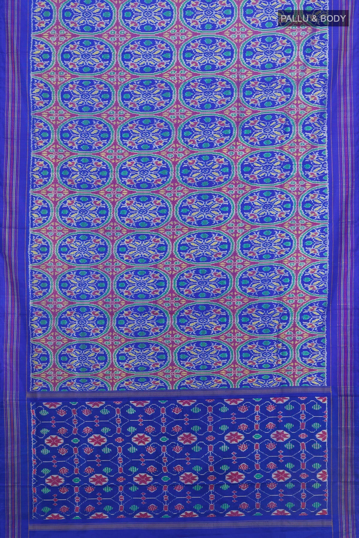 Flat view of Pure Silk Royal Blue Pochampally Saree with Pure Ikat on the body and Plain Border. 