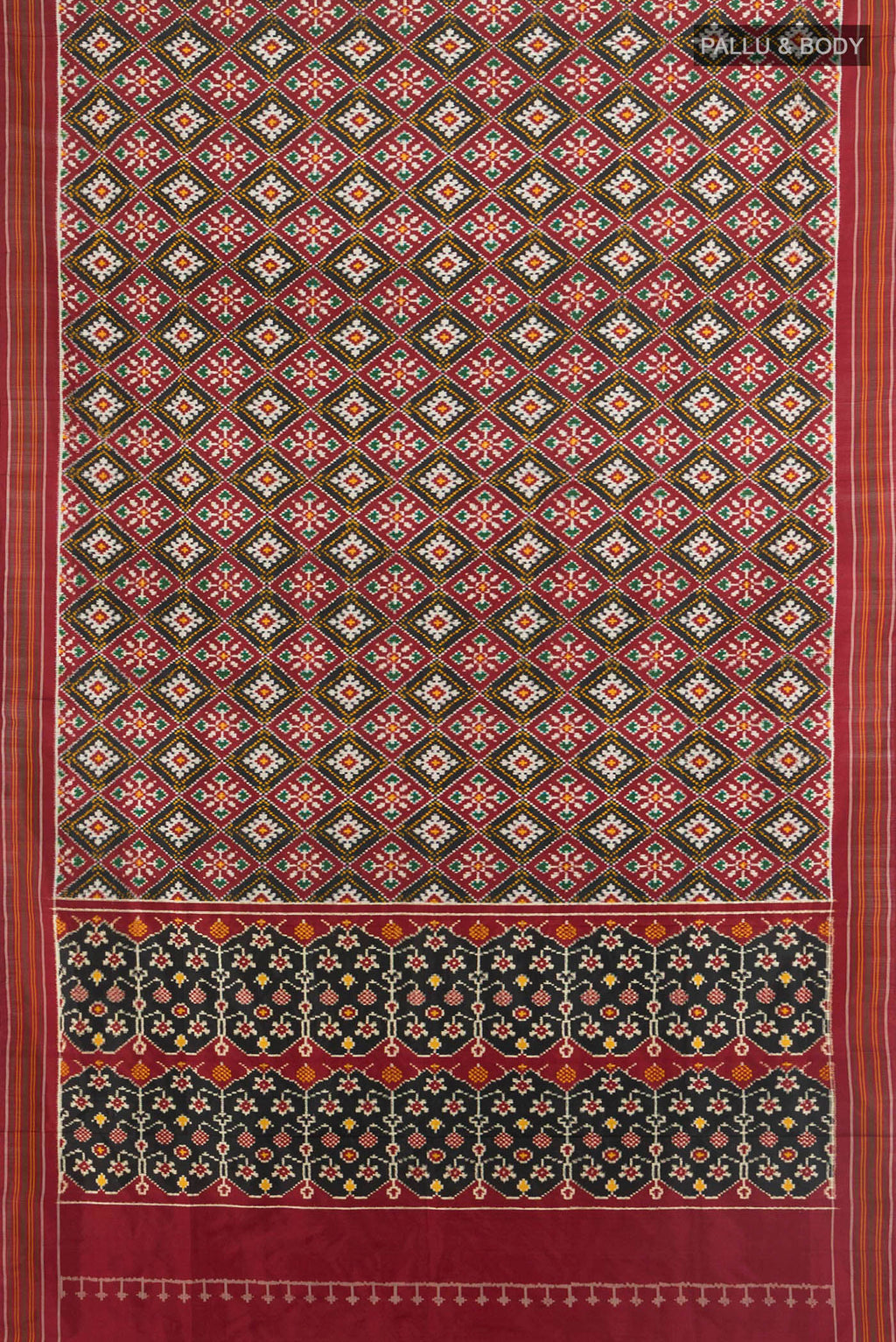 Flat view of Pure Silk Multi Color Double Ikat Saree with Pure Ikat on the body and Plain Border. 