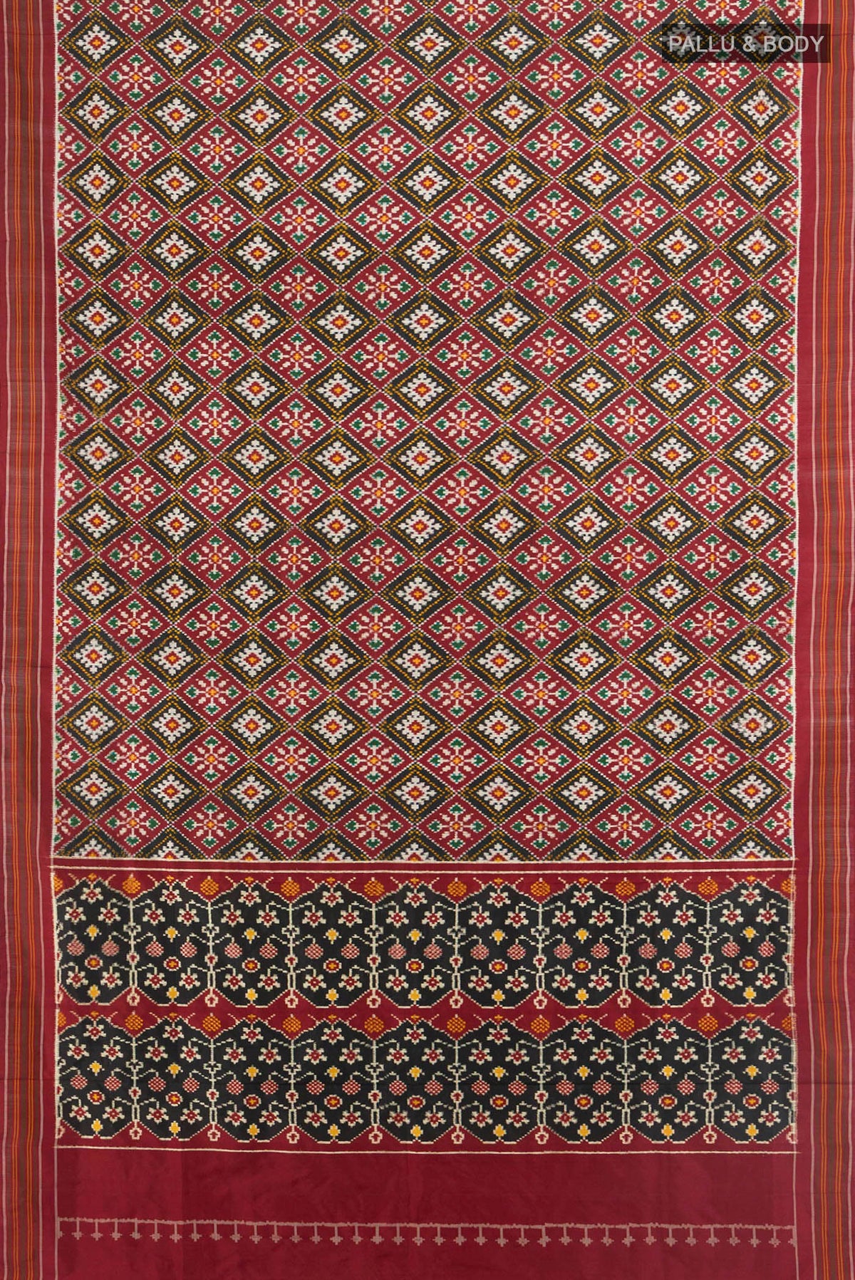 Flat view of Pure Silk Multi Color Double Ikat Saree with Pure Ikat on the body and Plain Border. 