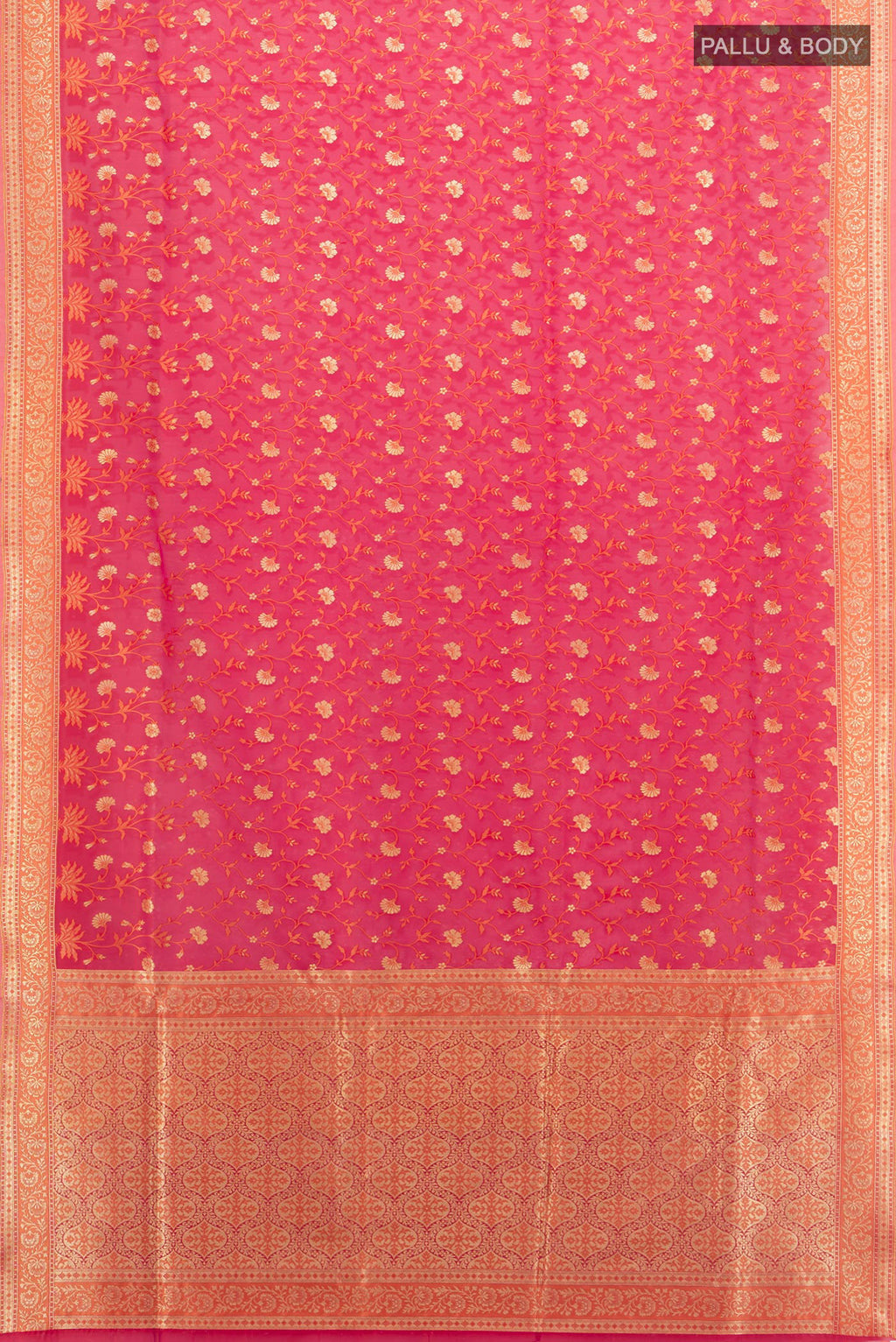 Flat view of Pure Silk Dark Pink Banarasi Saree with Zari Butta on the body and Zari Border. 