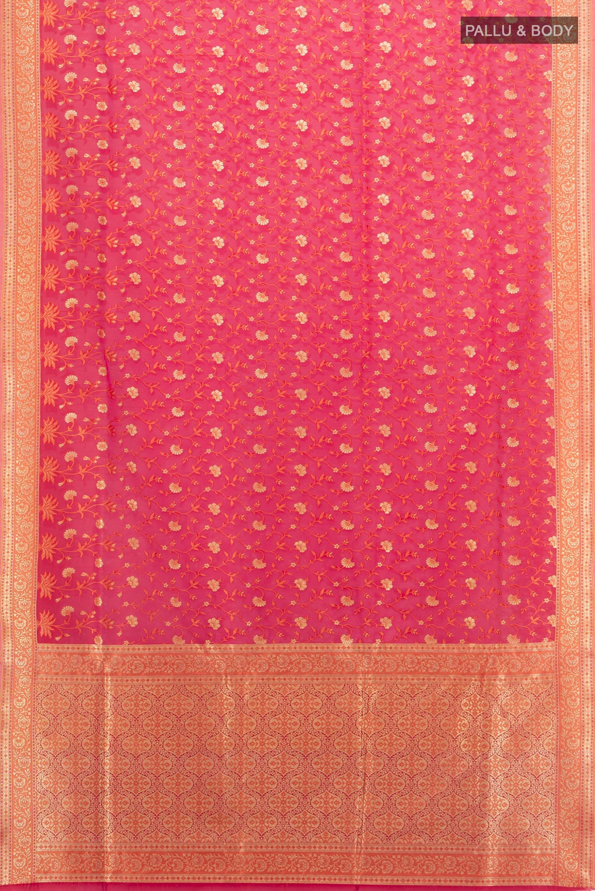 Flat view of Pure Silk Dark Pink Banarasi Saree with Zari Butta on the body and Zari Border. 