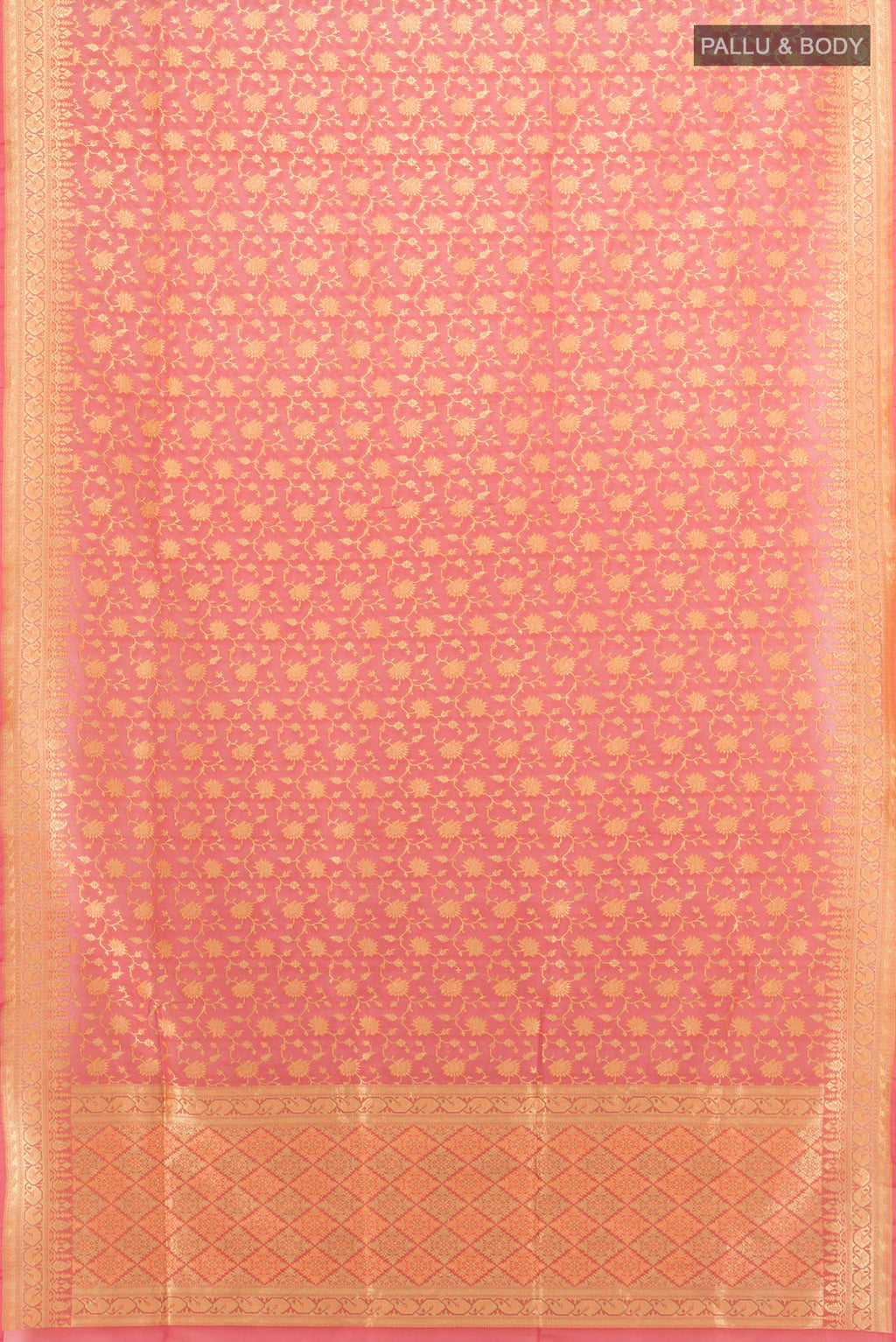Flat view of Pure Silk Peach Banarasi Saree with Zari Butta on the body and Zari Border. 