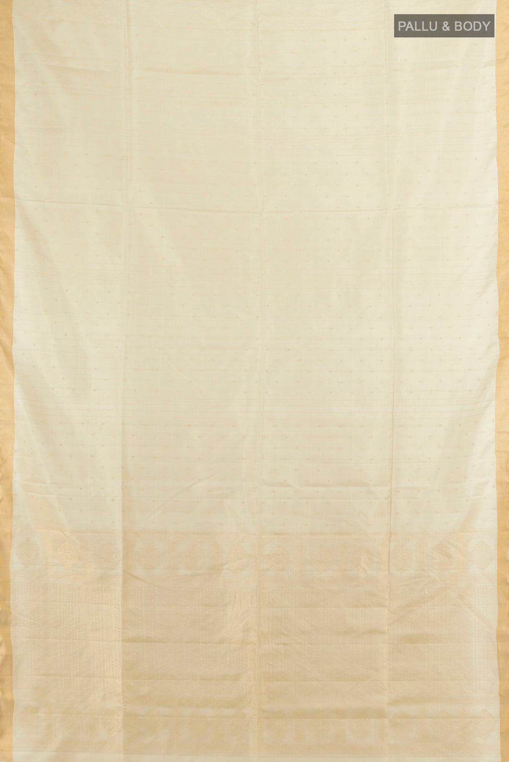 Flat view of Pure Silk Golden Soft Saree with Zari Butta on the body and Silk Border. 