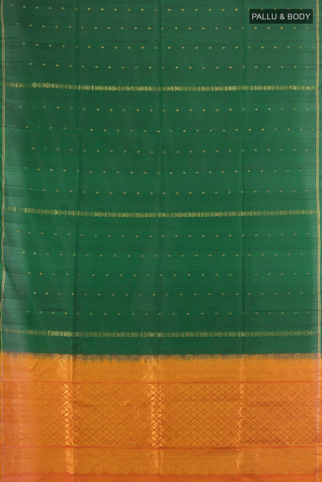 Flat view of Pure Silk Bottle Green Soft Saree with Zari Butta on the body and Zari Border. 