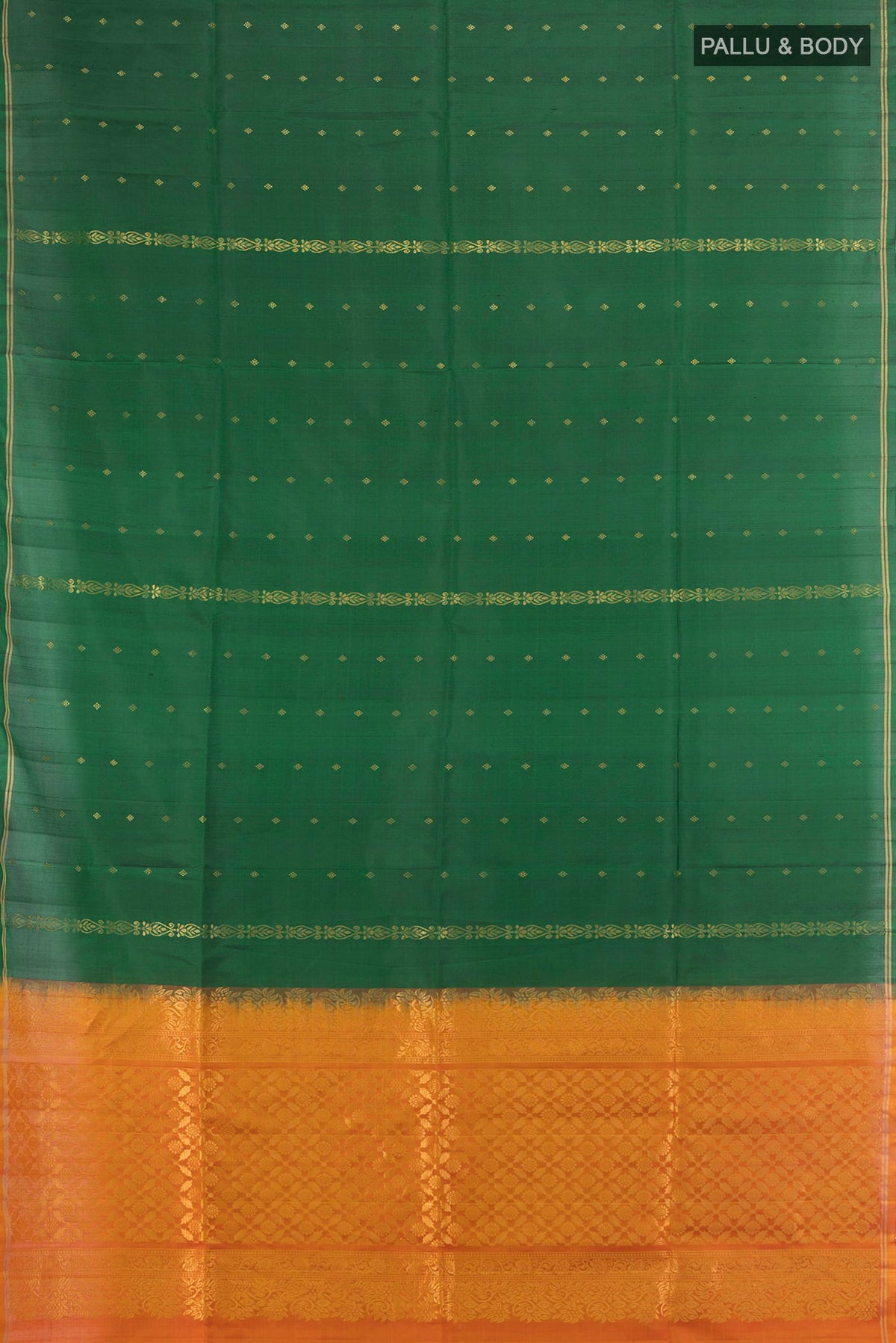 Flat view of Pure Silk Bottle Green Soft Saree with Zari Butta on the body and Zari Border. 