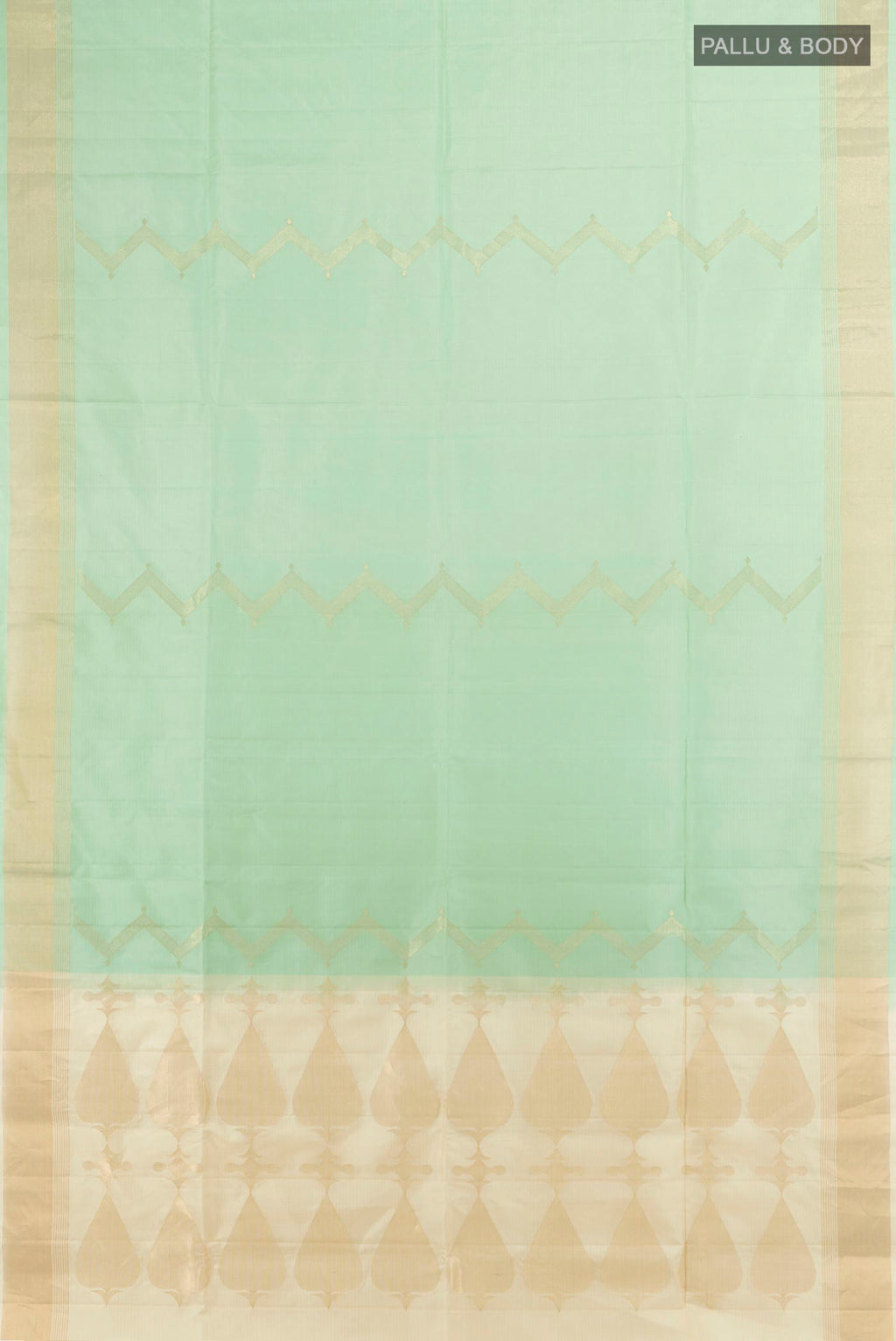 Flat view of Pure Silk Pista Green Soft Saree with Zari Butta on the body and Silk Border. 