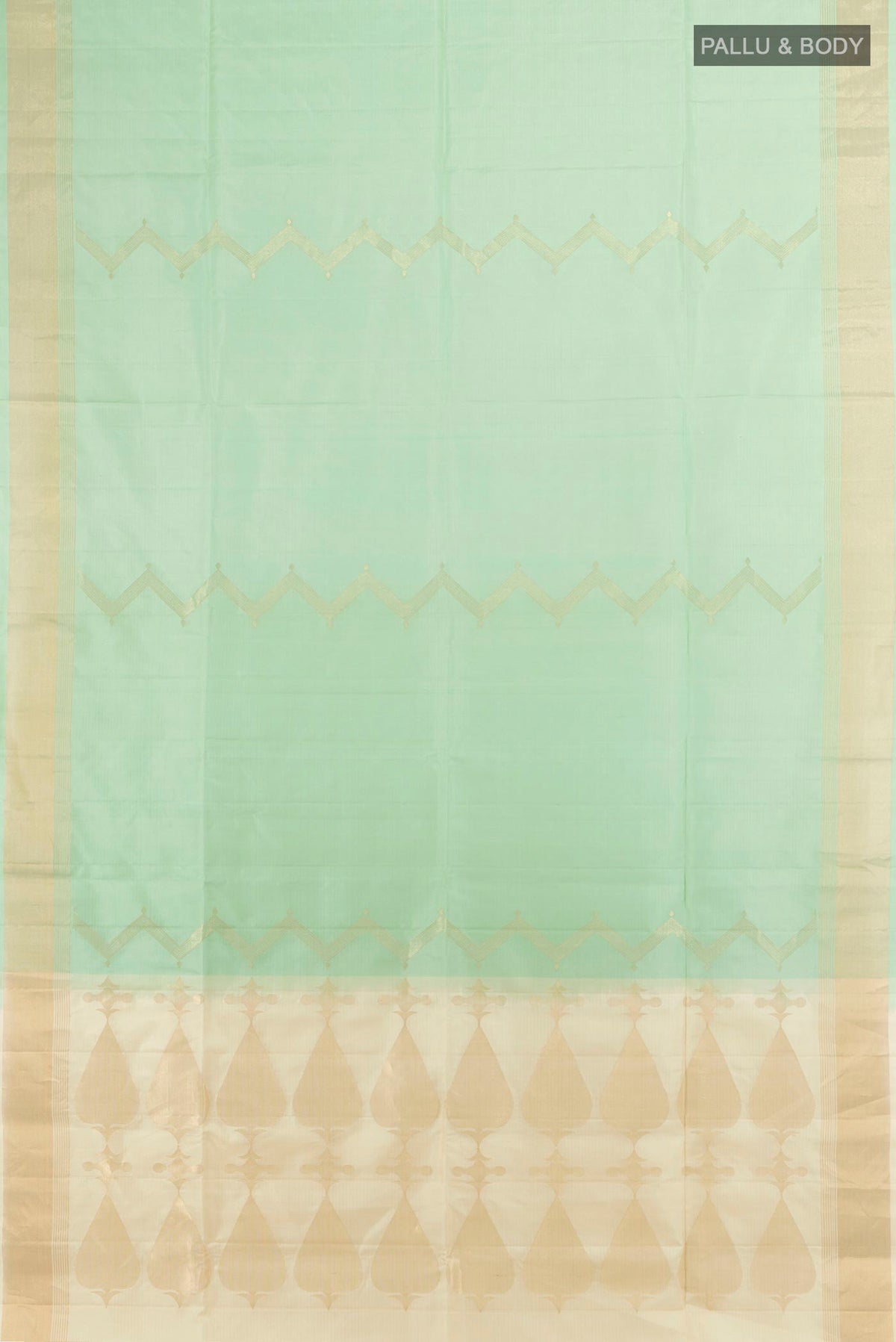 Flat view of Pure Silk Pista Green Soft Saree with Zari Butta on the body and Silk Border. 