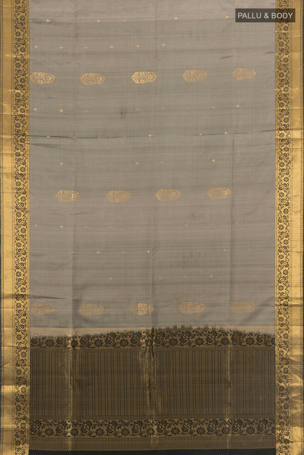 Flat view of Pure Silk Davys Grey Soft Saree with Zari Butta on the body and Zari Border. 