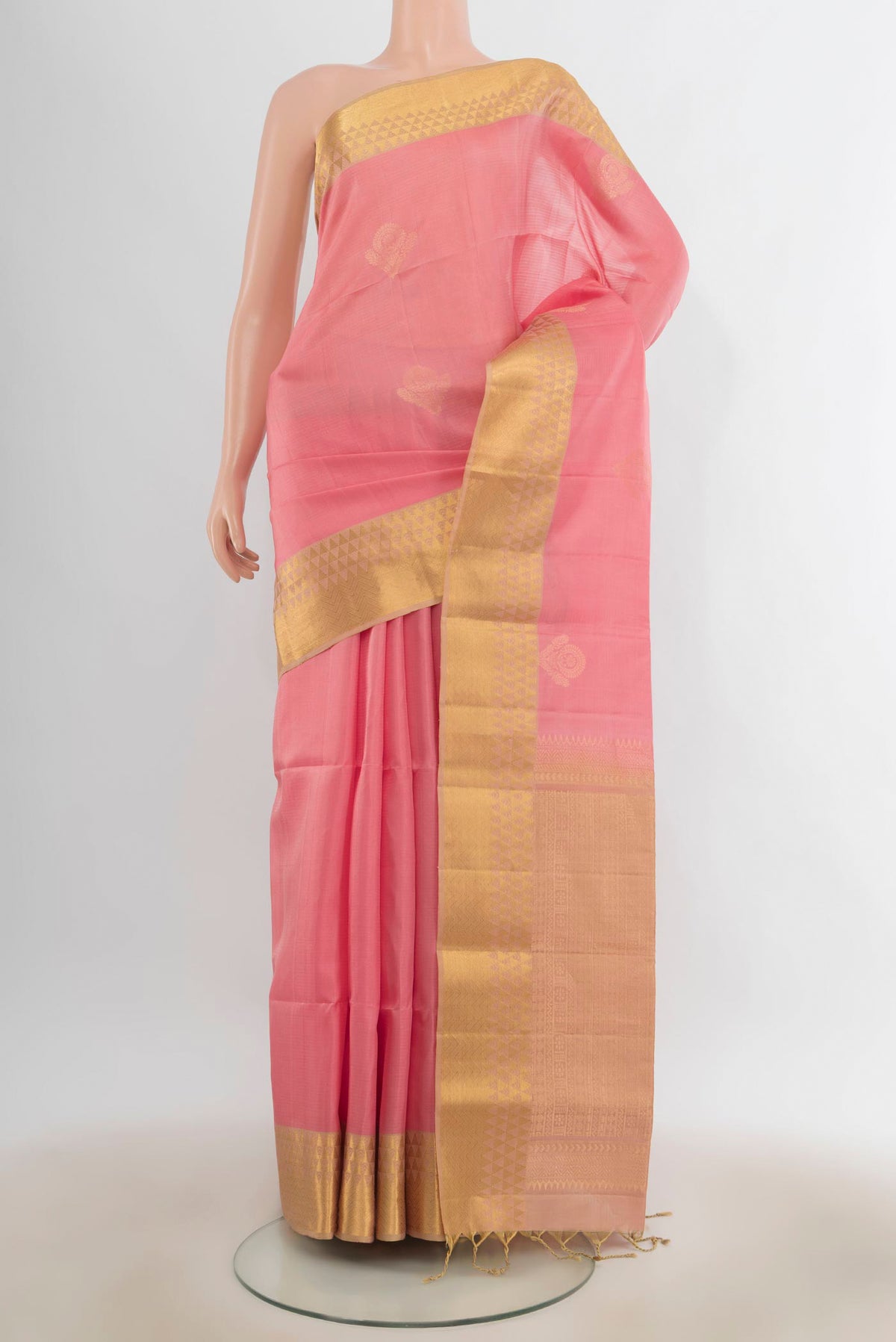 Pure Silk Rose pink Soft Saree with Zari Butta on the body and Zari Border.  displayed on a mannequin