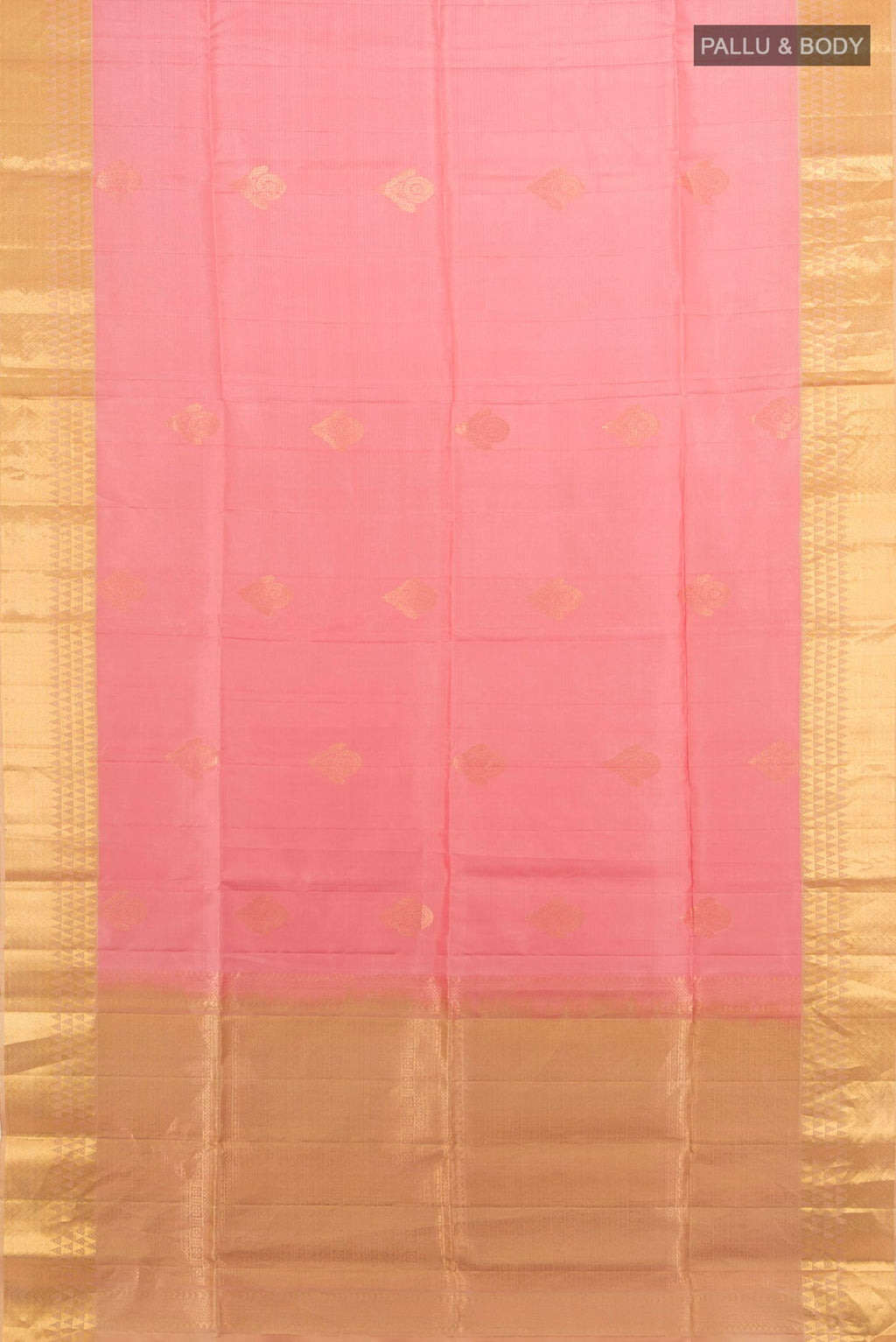 Flat view of Pure Silk Rose pink Soft Saree with Zari Butta on the body and Zari Border. 