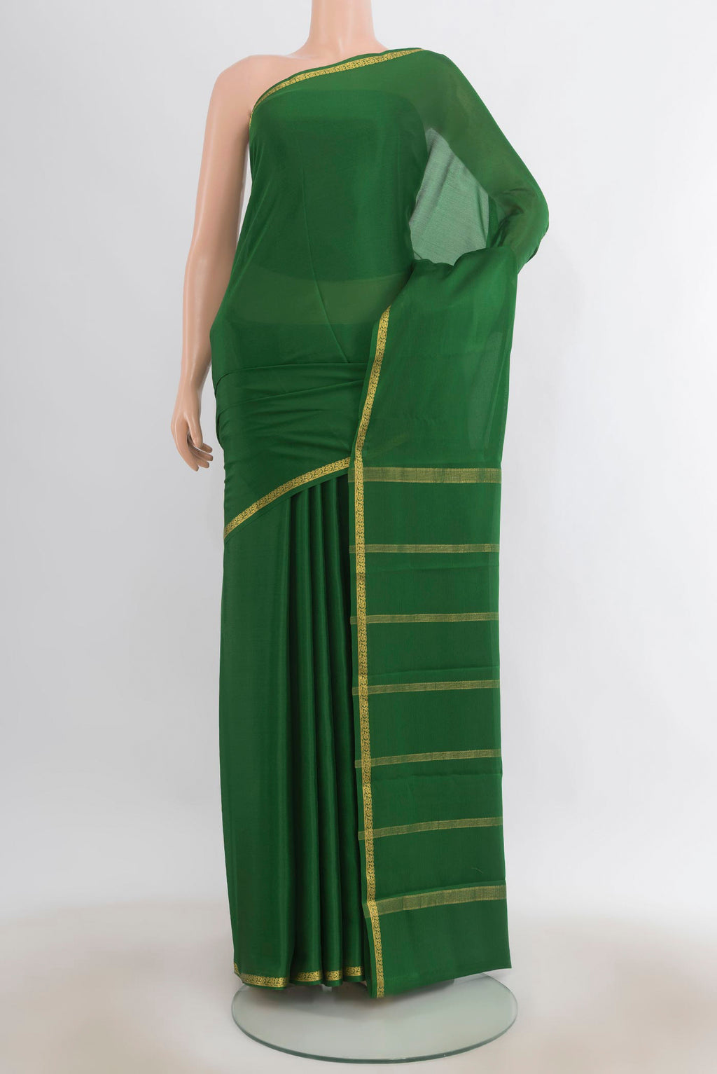 Mint Green Mysore Crepe Saree with Plain Body and Silk Border.  displayed on a mannequin