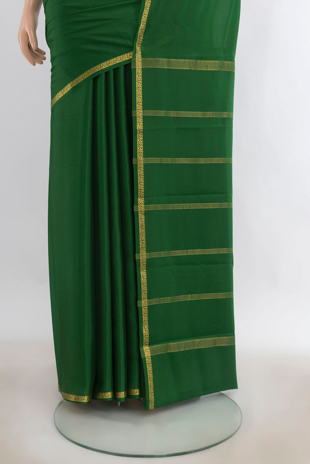 Pleats and pallu of Mint Green Mysore Crepe Saree with Plain Body and Silk Border. 
