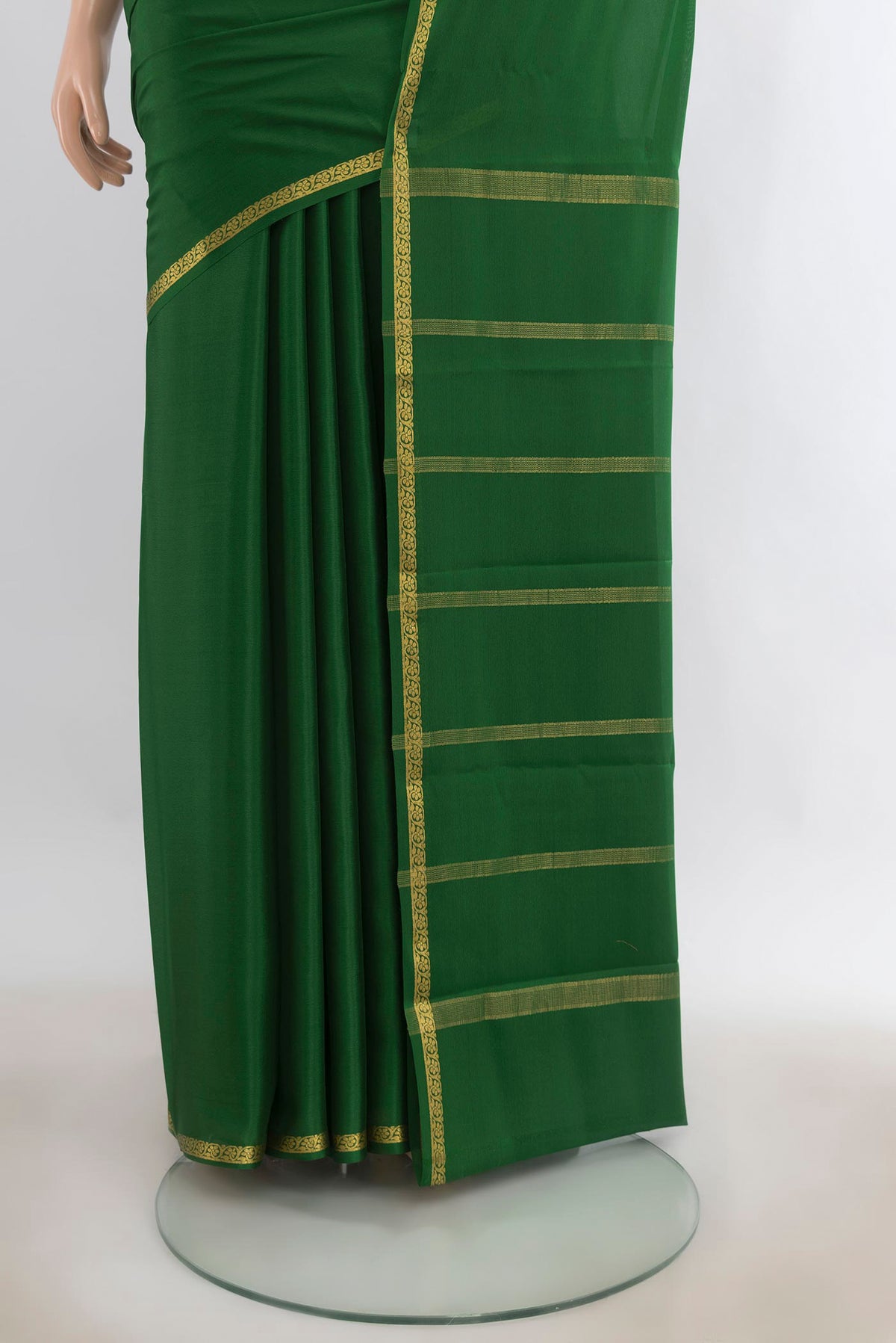 Pleats and pallu of Mint Green Mysore Crepe Saree with Plain Body and Silk Border. 