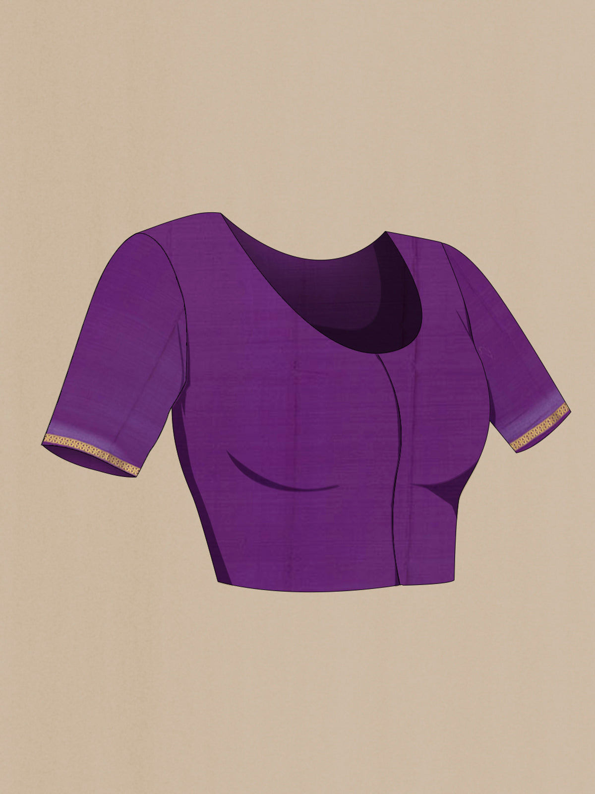Close up image of the blouse of Violet Mysore Crepe Saree with Plain Body and Zari Border. 