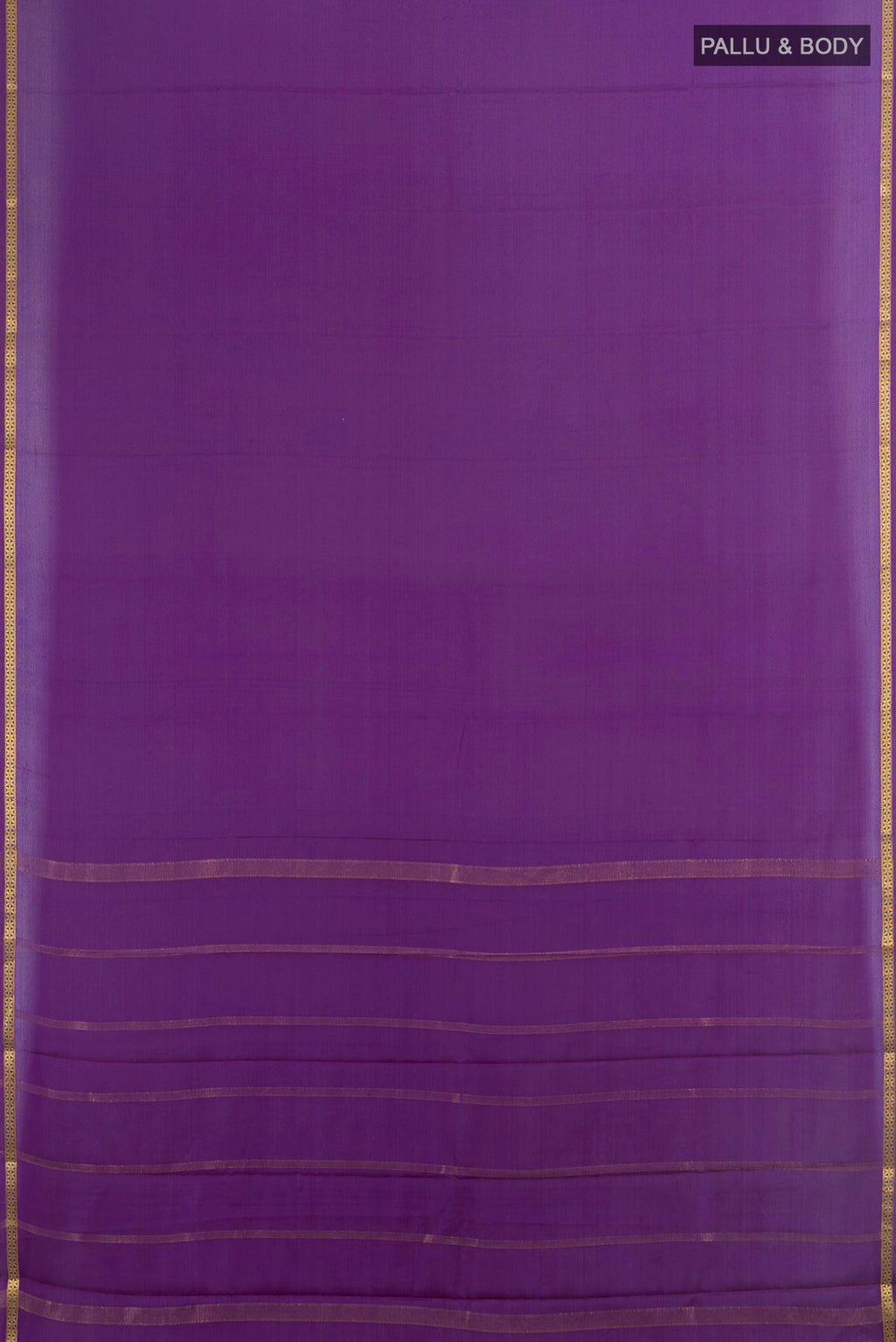 Flat view of Violet Mysore Crepe Saree with Plain Body and Zari Border. 