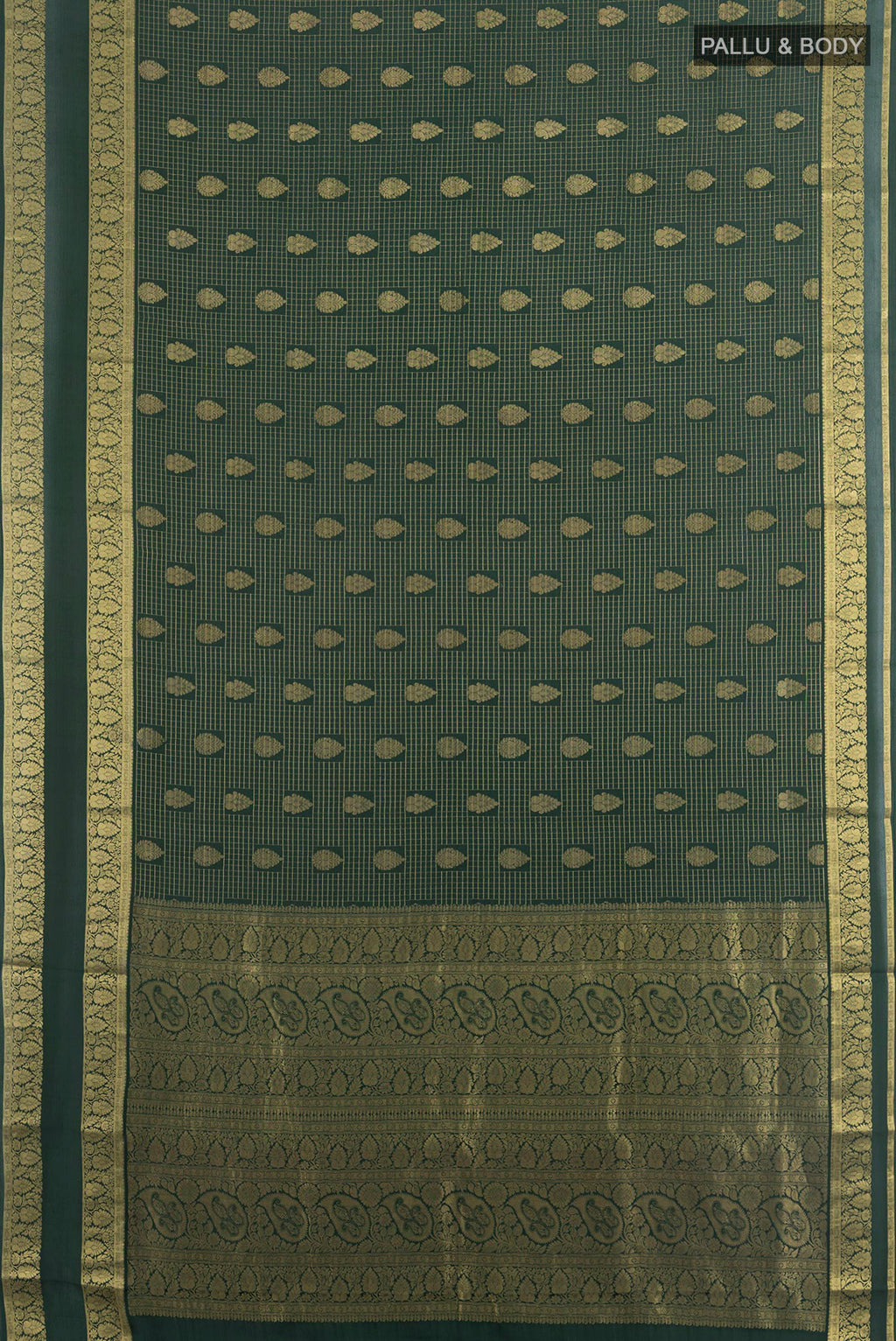 Flat view of Bottle Green Mysore Crepe Saree with Checked design on the body and Zari Border. 