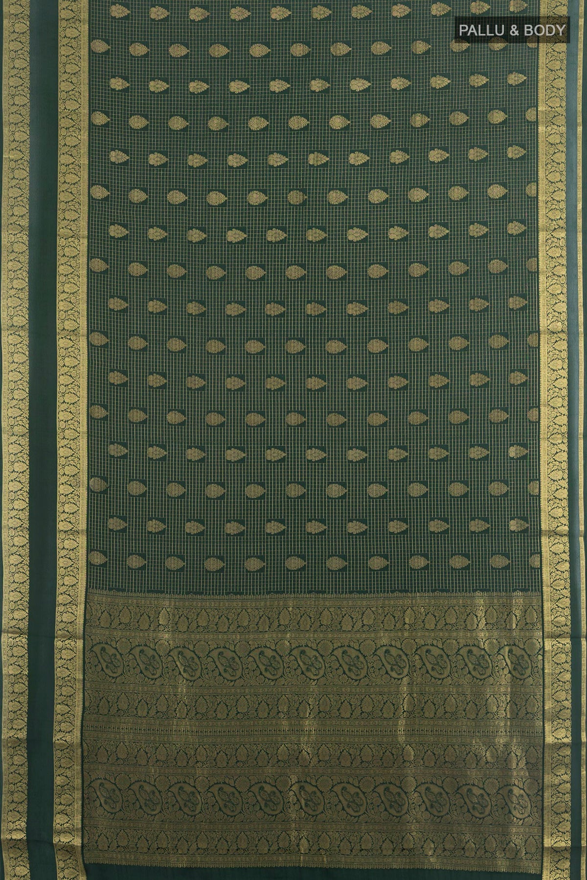Flat view of Bottle Green Mysore Crepe Saree with Checked design on the body and Zari Border. 