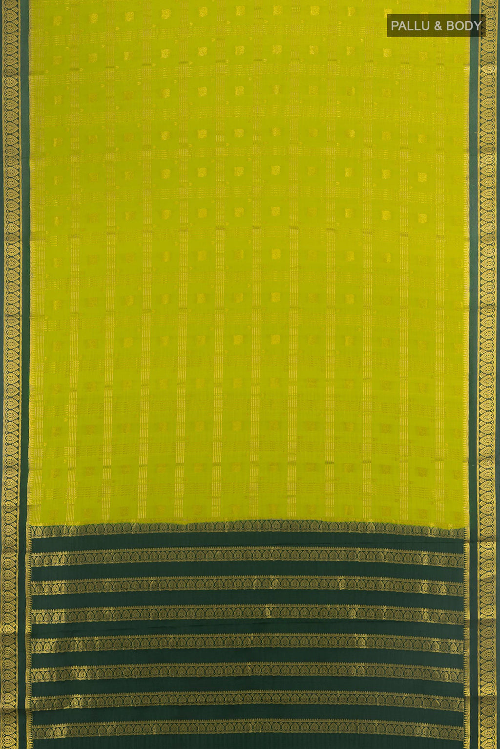 Flat view of Light Green Mysore Crepe Saree with Zari Butta on the body and Silk Border. 