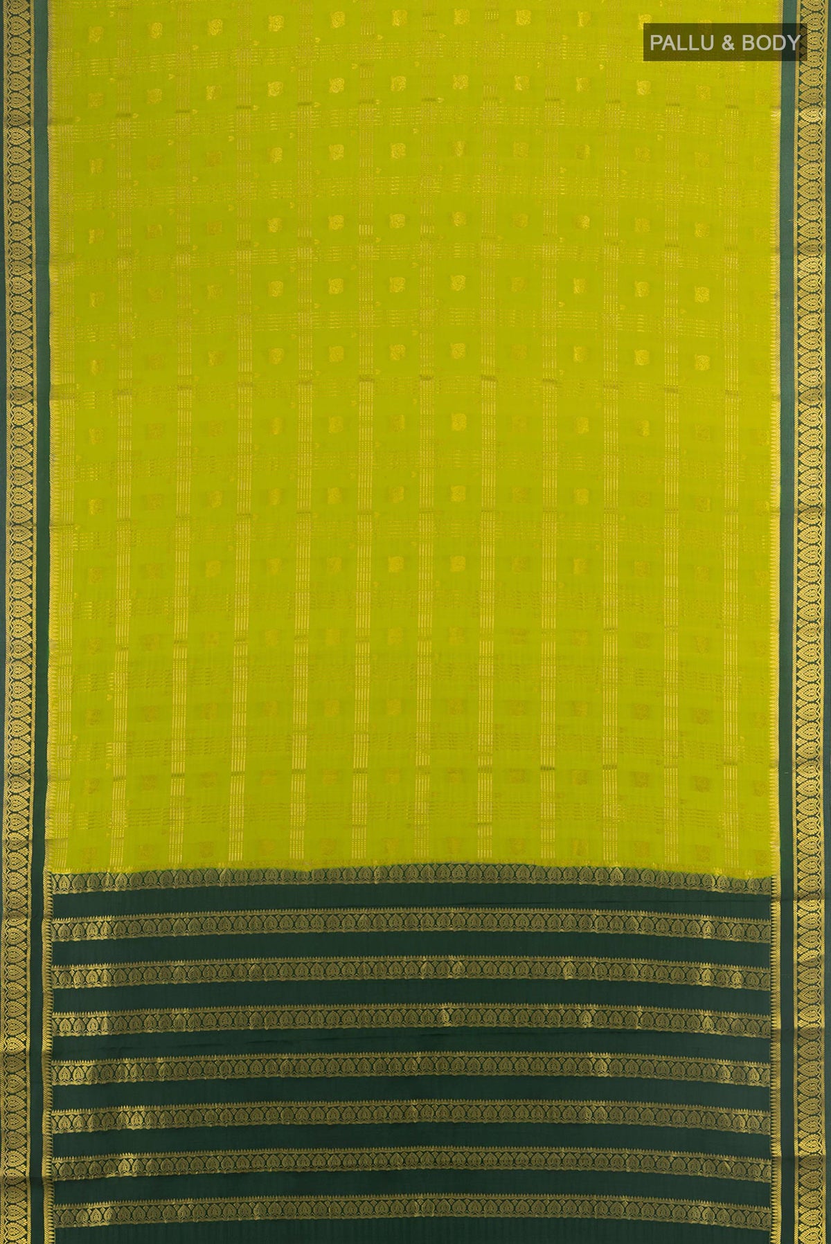 Flat view of Light Green Mysore Crepe Saree with Zari Butta on the body and Silk Border. 