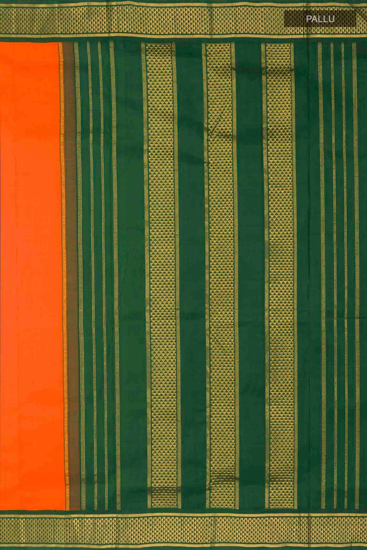 Close up image of the pallu of Orange Kanchipuram Silk Nine Yards Saree with Plain Body and Zari Border