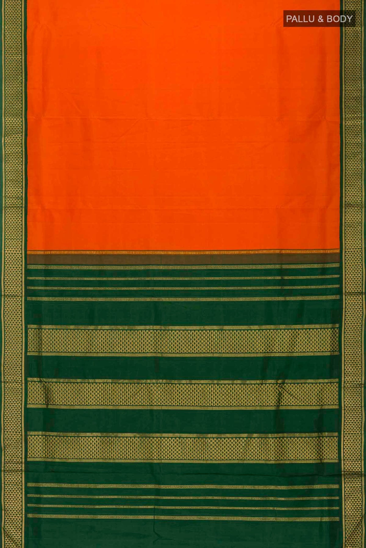 Flat view of Orange Kanchipuram Silk Nine Yards Saree with Plain Body and Zari Border