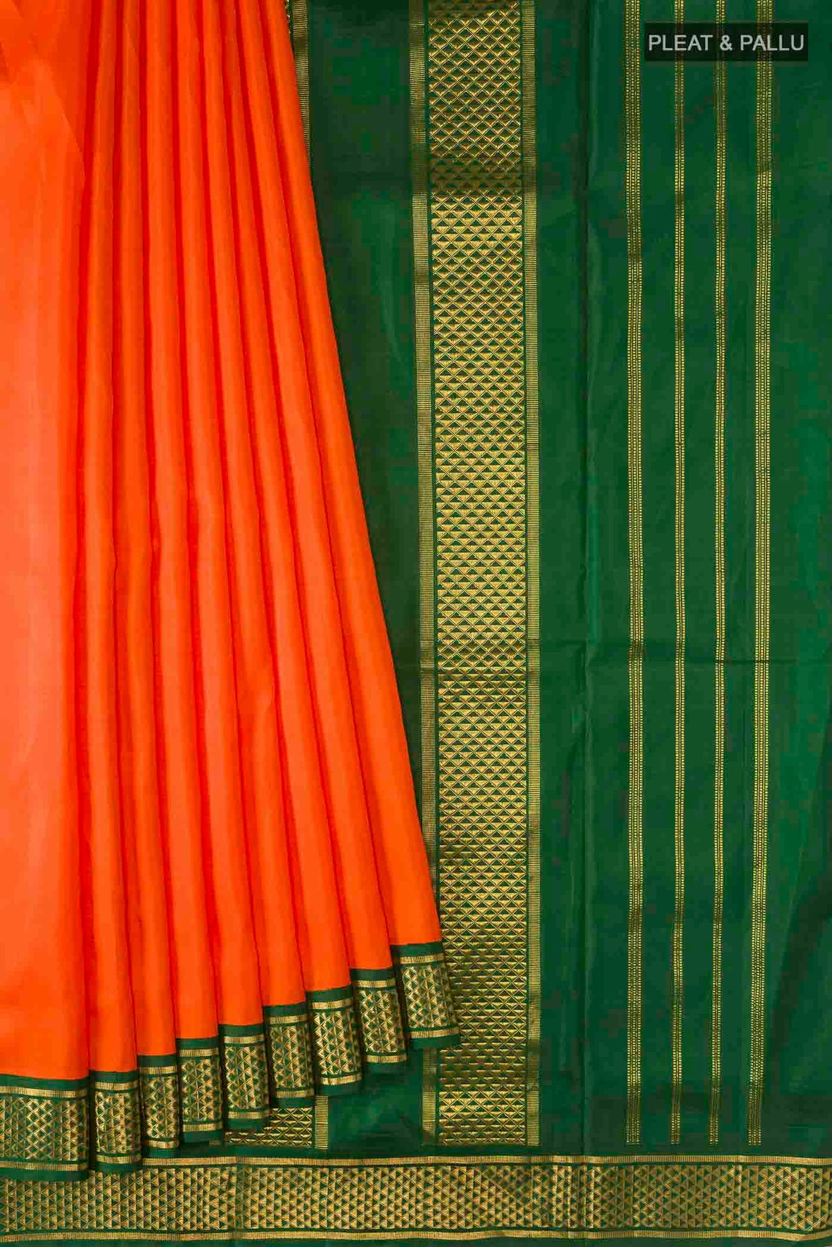 Pleats and pallu of Orange Kanchipuram Silk Nine Yards Saree with Plain Body and Zari Border