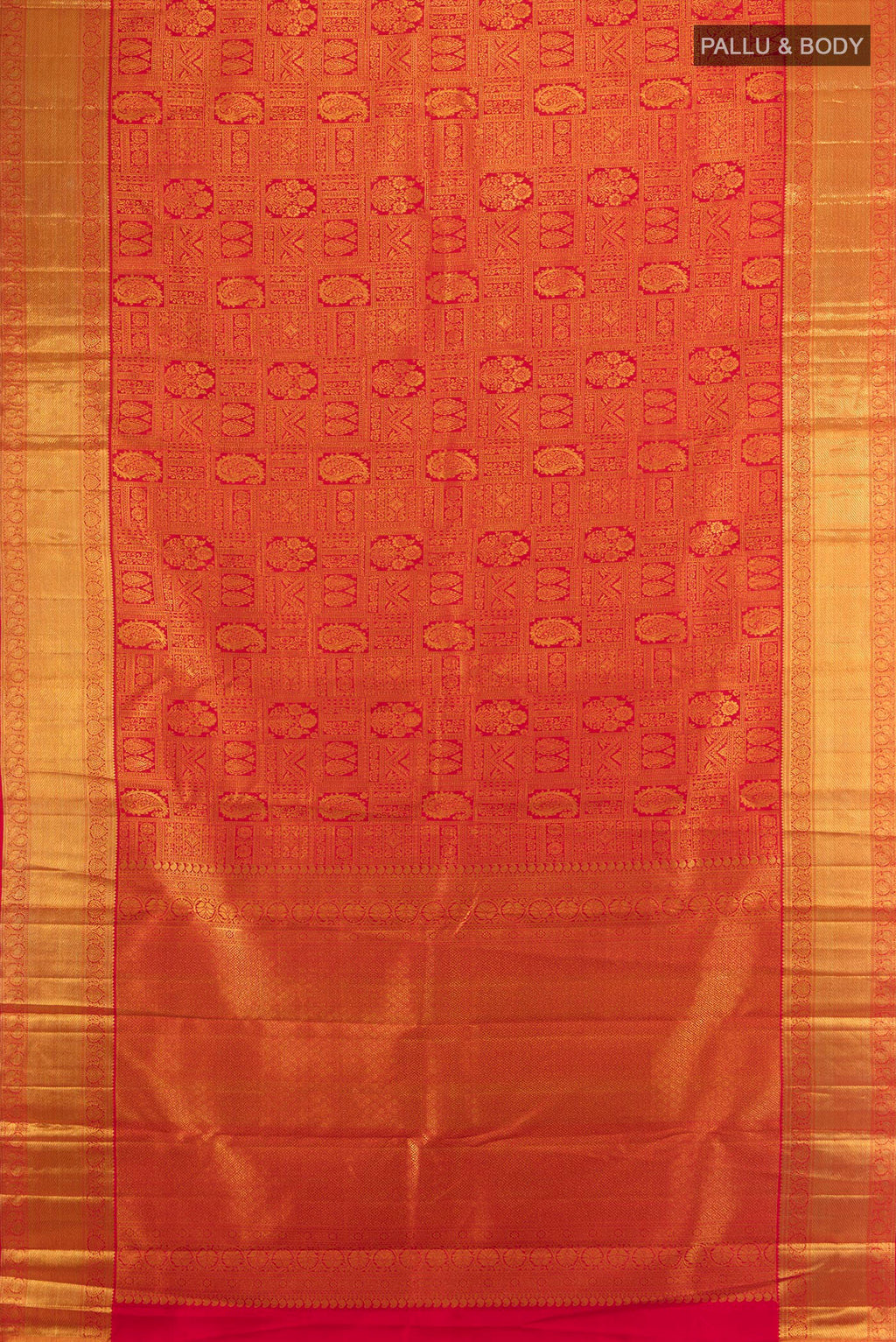 Flat view of Pure Silk Pure Zari Red Kanjivaram Saree with Zari Brocade on the body and Zari Border. 