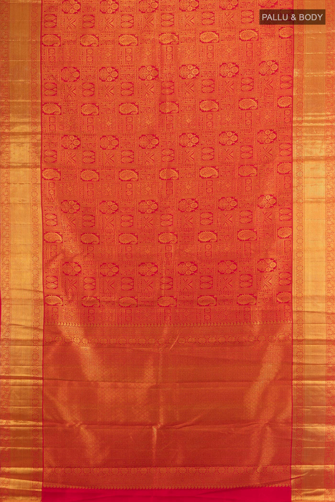 Flat view of Pure Silk Pure Zari Red Kanjivaram Saree with Zari Brocade on the body and Zari Border. 