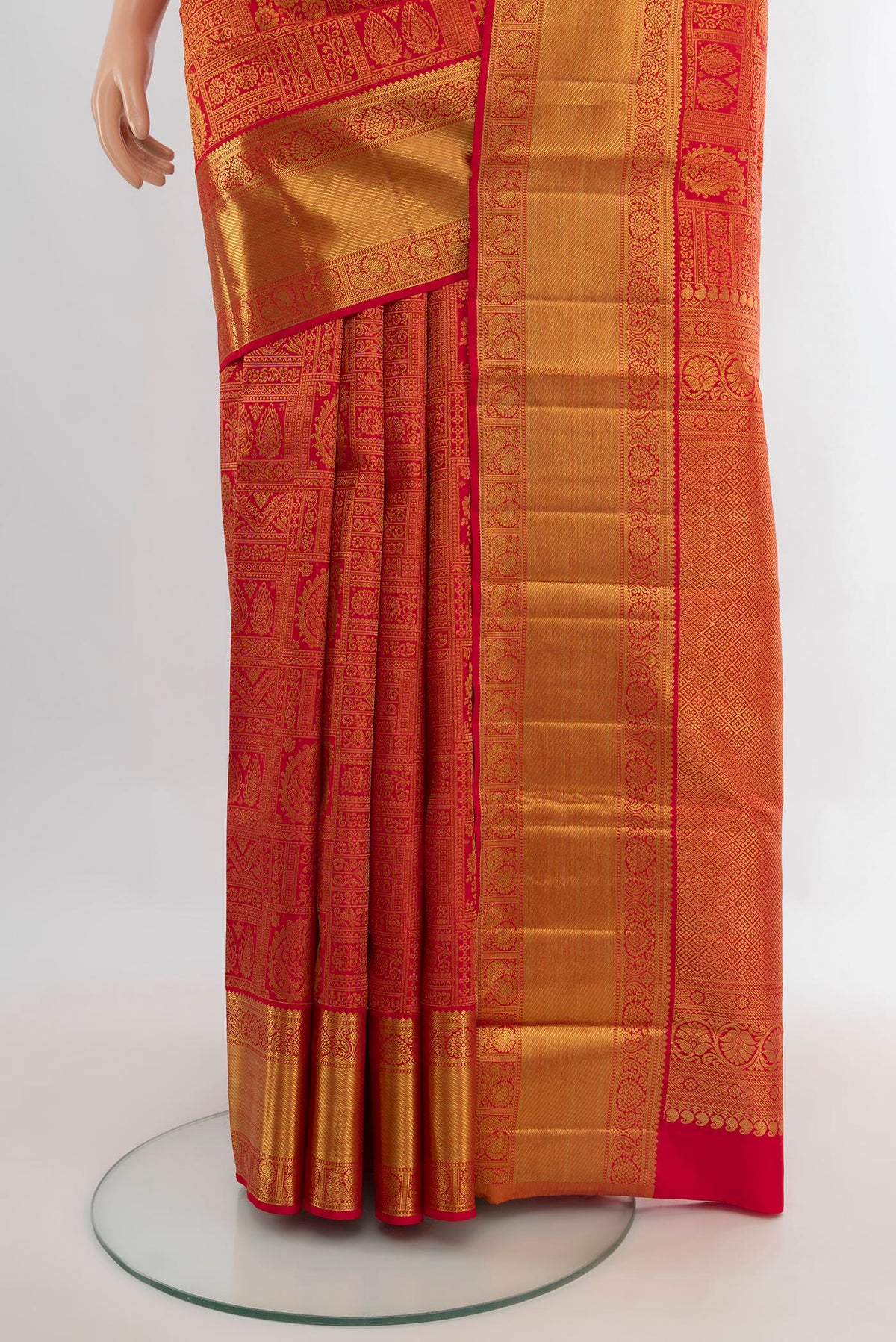 Pleats and pallu of Pure Silk Pure Zari Red Kanjivaram Saree with Zari Brocade on the body and Zari Border. 