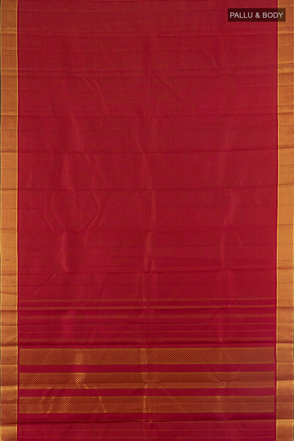 Flat view of Pure Silk Maroon Kanchipuram Saree with Checked design on the body and Zari Border. 