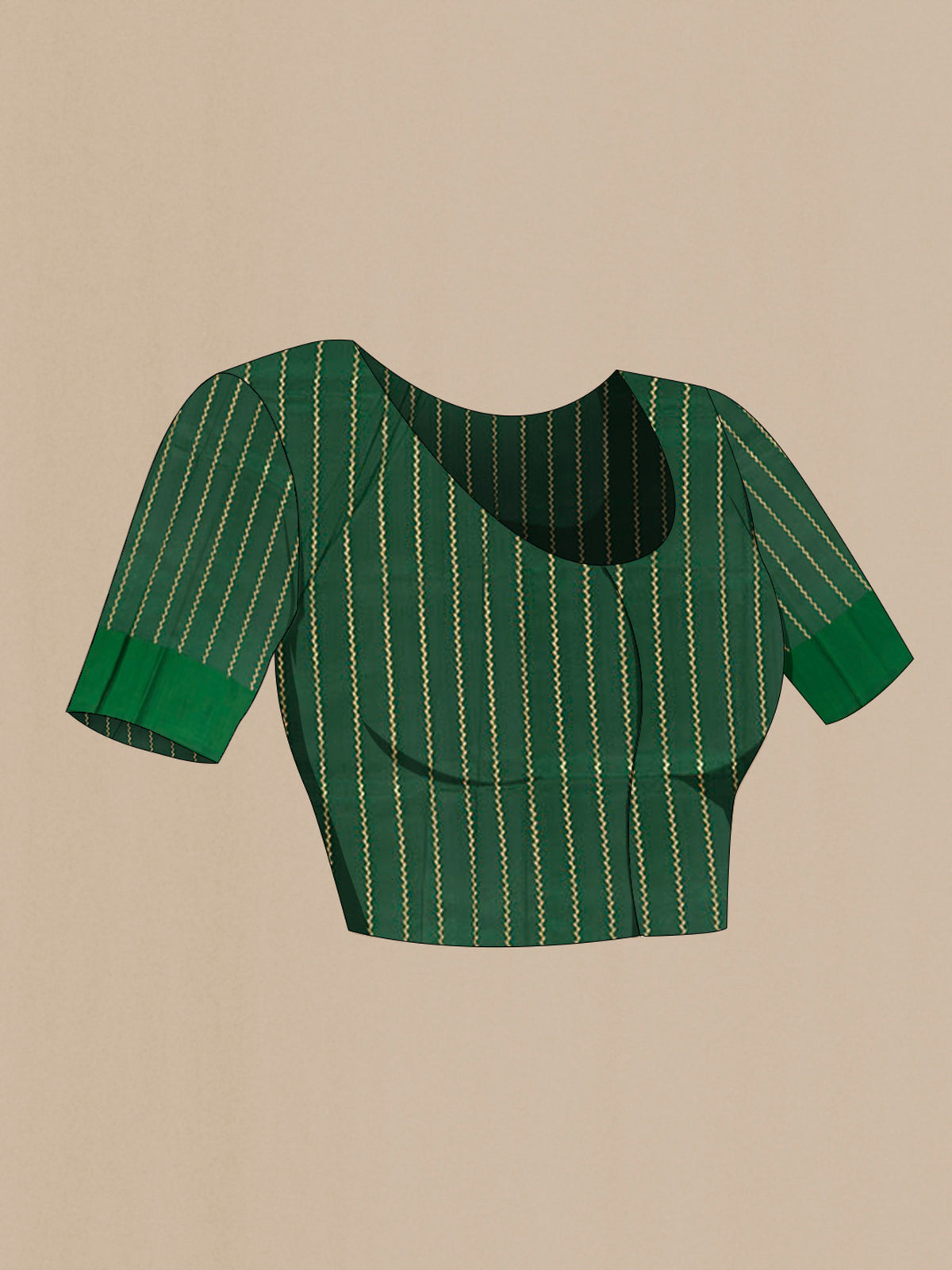 Close up image of the blouse of Pure Silk Bottle Green Banarasi Katan Saree with Zari Butta on the body and Plain Border. 