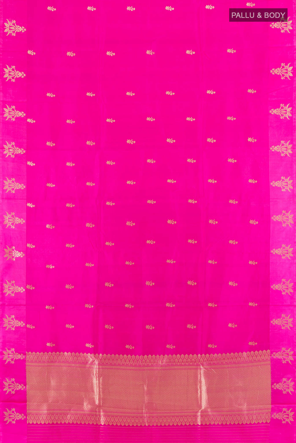 Flat view of Pure Silk Rani Pink Banarasi Katan Saree with Zari Butta on the body and Satin Border. 
