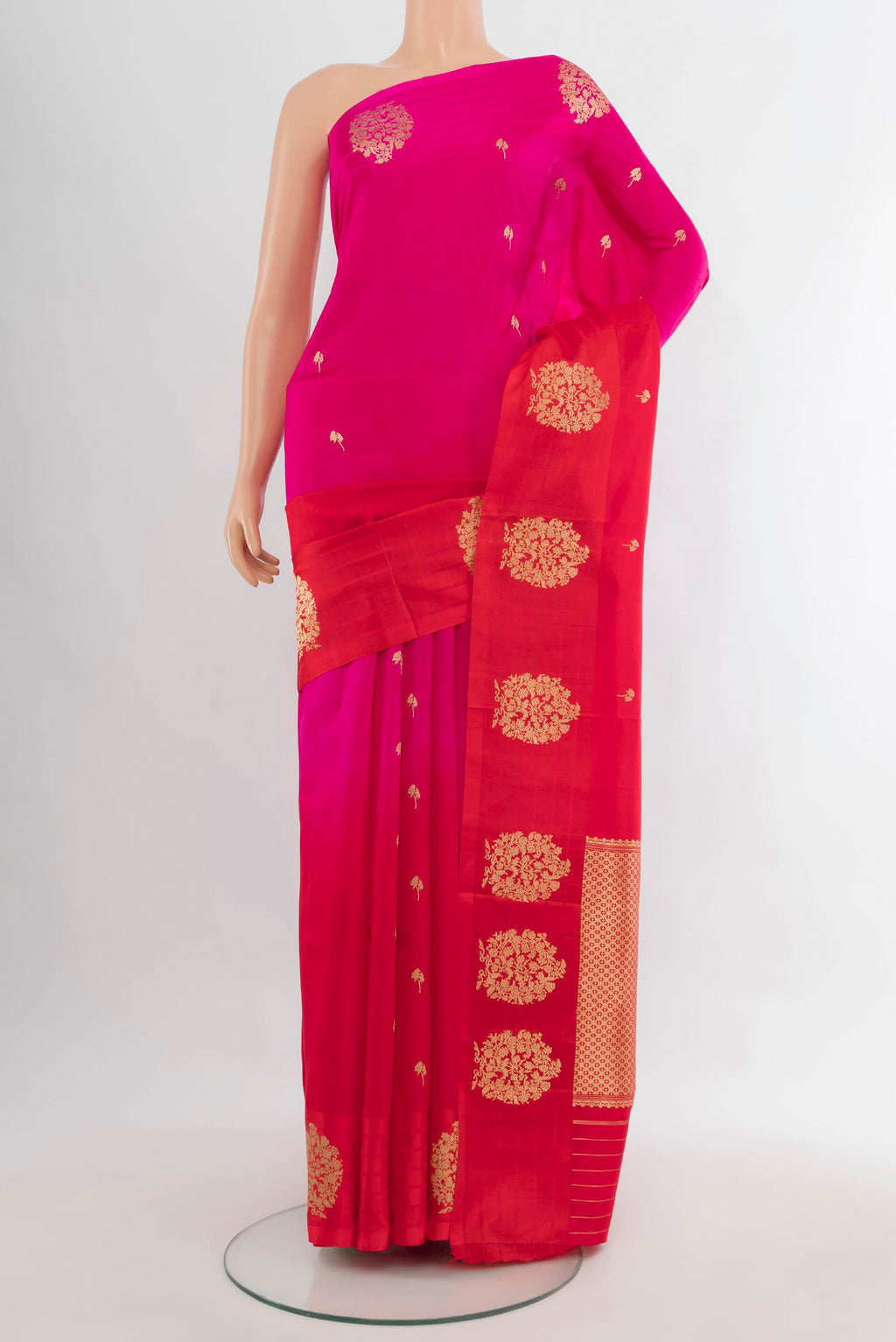 Pure Silk Multi Color Banarasi Katan Saree with Half And Half on the body and Plain Border.  displayed on a mannequin