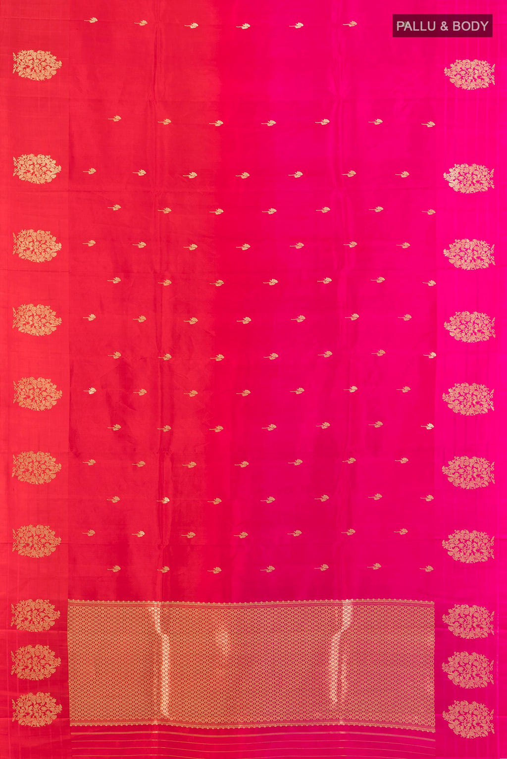 Flat view of Pure Silk Multi Color Banarasi Katan Saree with Half And Half on the body and Plain Border. 