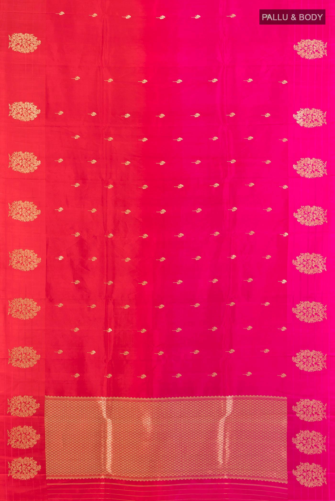 Flat view of Pure Silk Multi Color Banarasi Katan Saree with Half And Half on the body and Plain Border. 