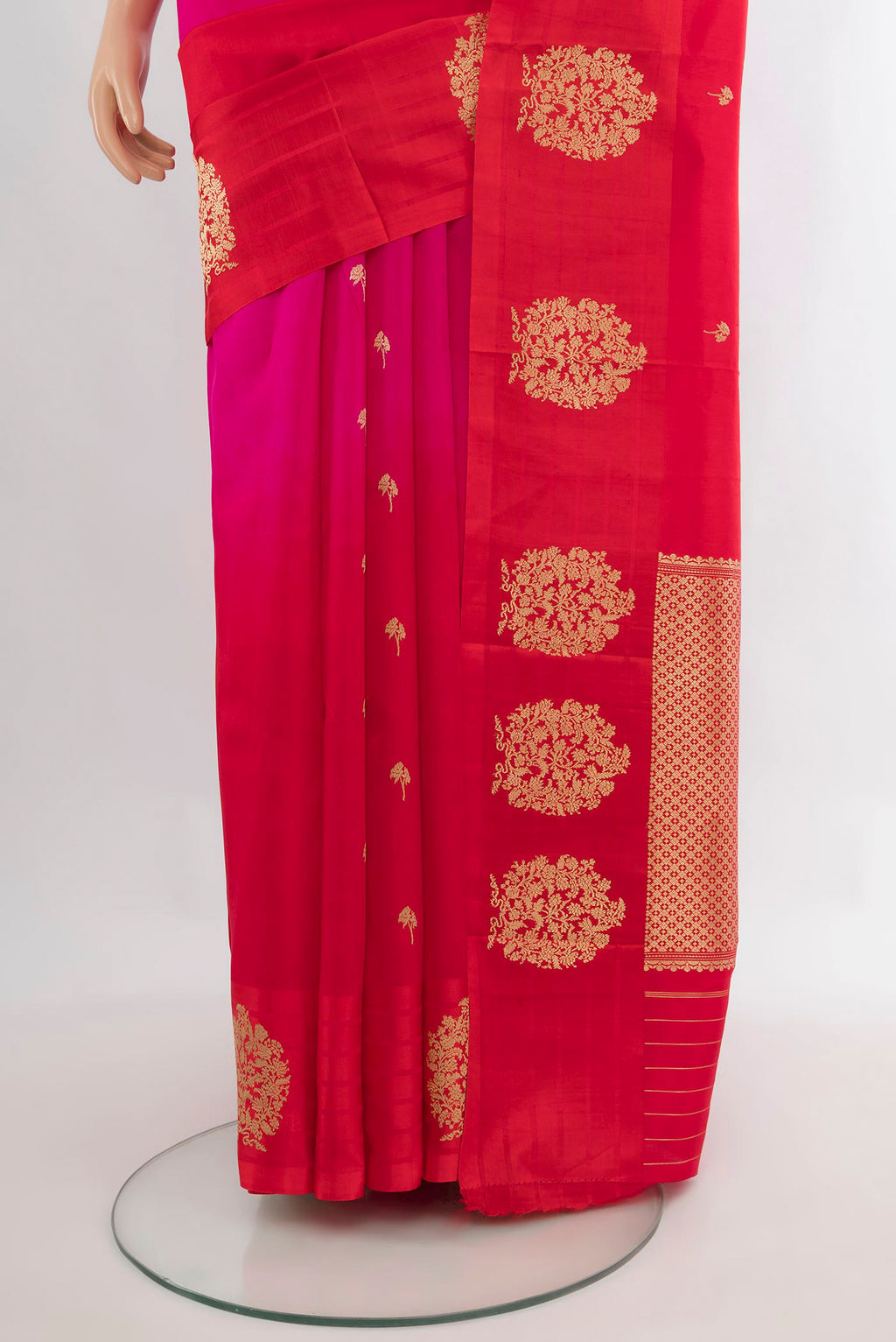 Pleats and pallu of Pure Silk Multi Color Banarasi Katan Saree with Half And Half on the body and Plain Border. 